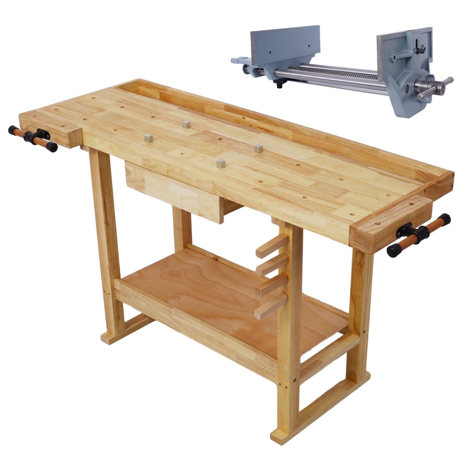 Lirago Heavy Duty Rubber Wood Workbench 55 Inch with 10.5 Inch Cast Iron Quick Release Woodworking Vise for Garage and Home Workshop #FXL20612-609C21