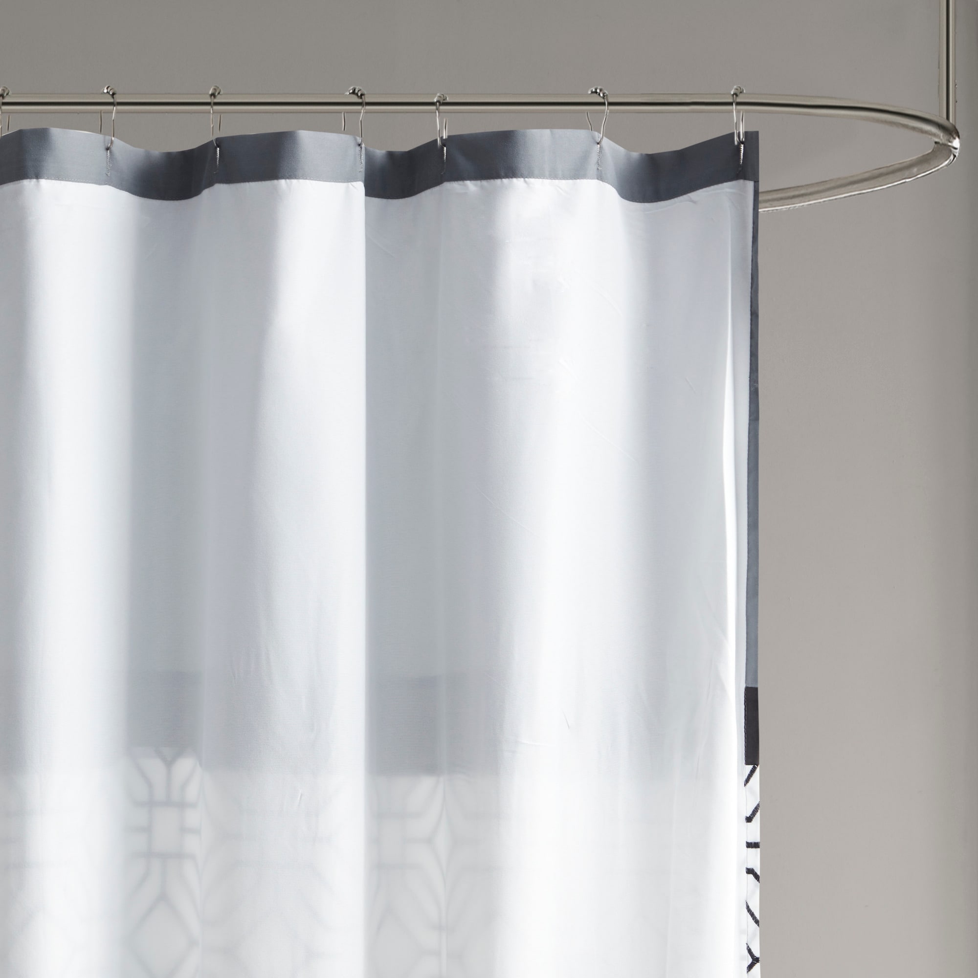 Black and Gray Geometric Embroidered Fabric Shower Curtain with Liner