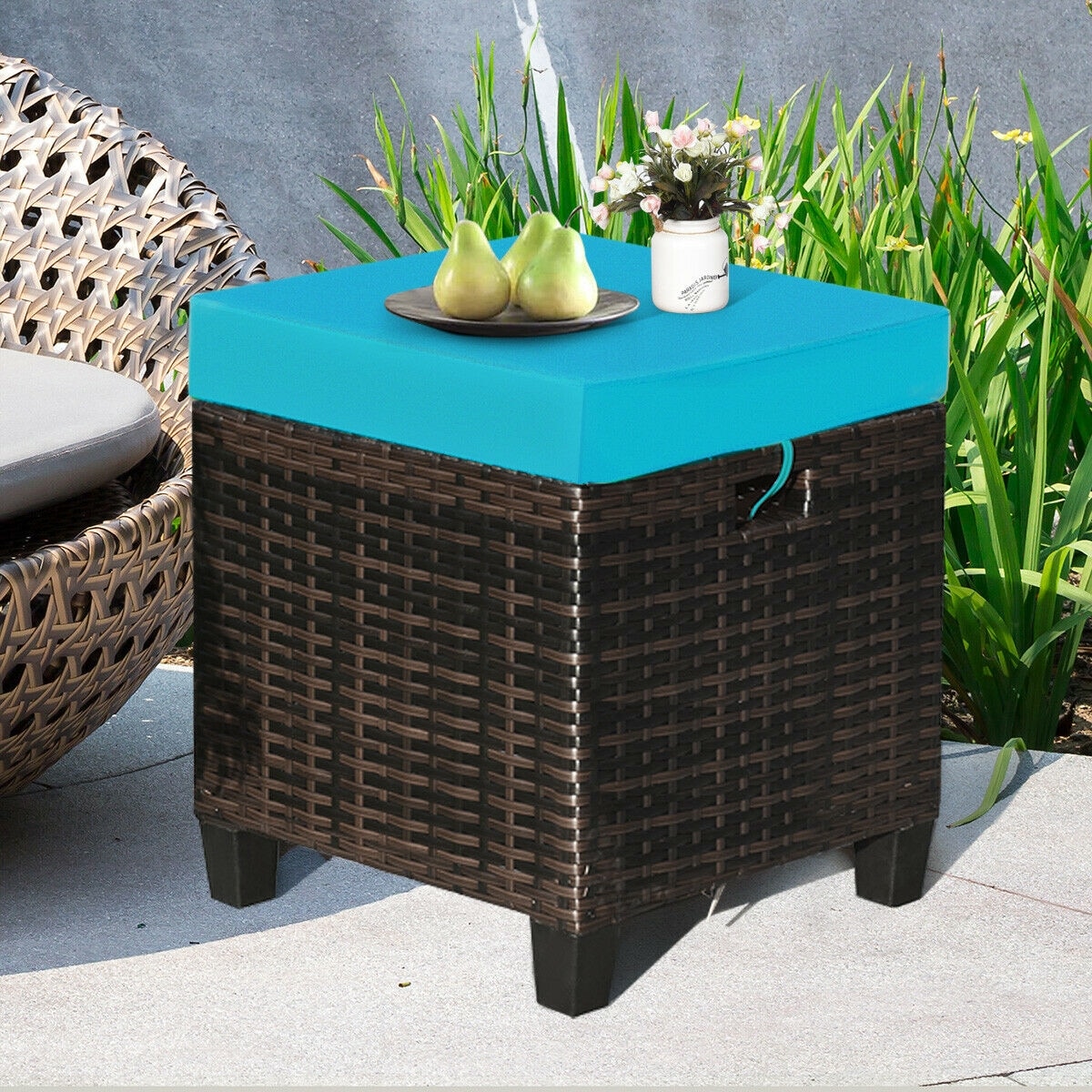Turquoise Cushioned Rattan Patio Ottoman Set with Steel Frame