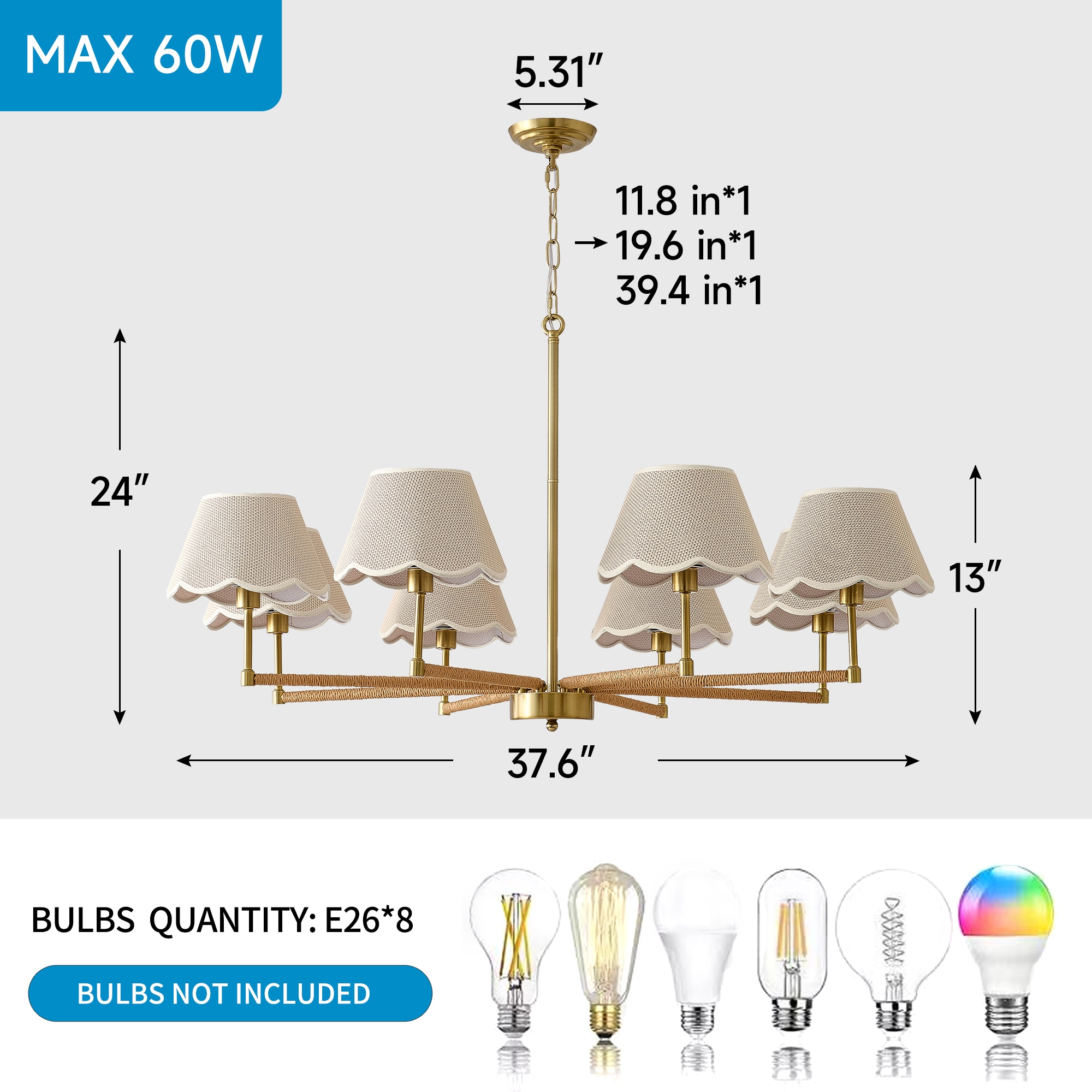 Flynama 8 -Light Gold Metal Chandelier