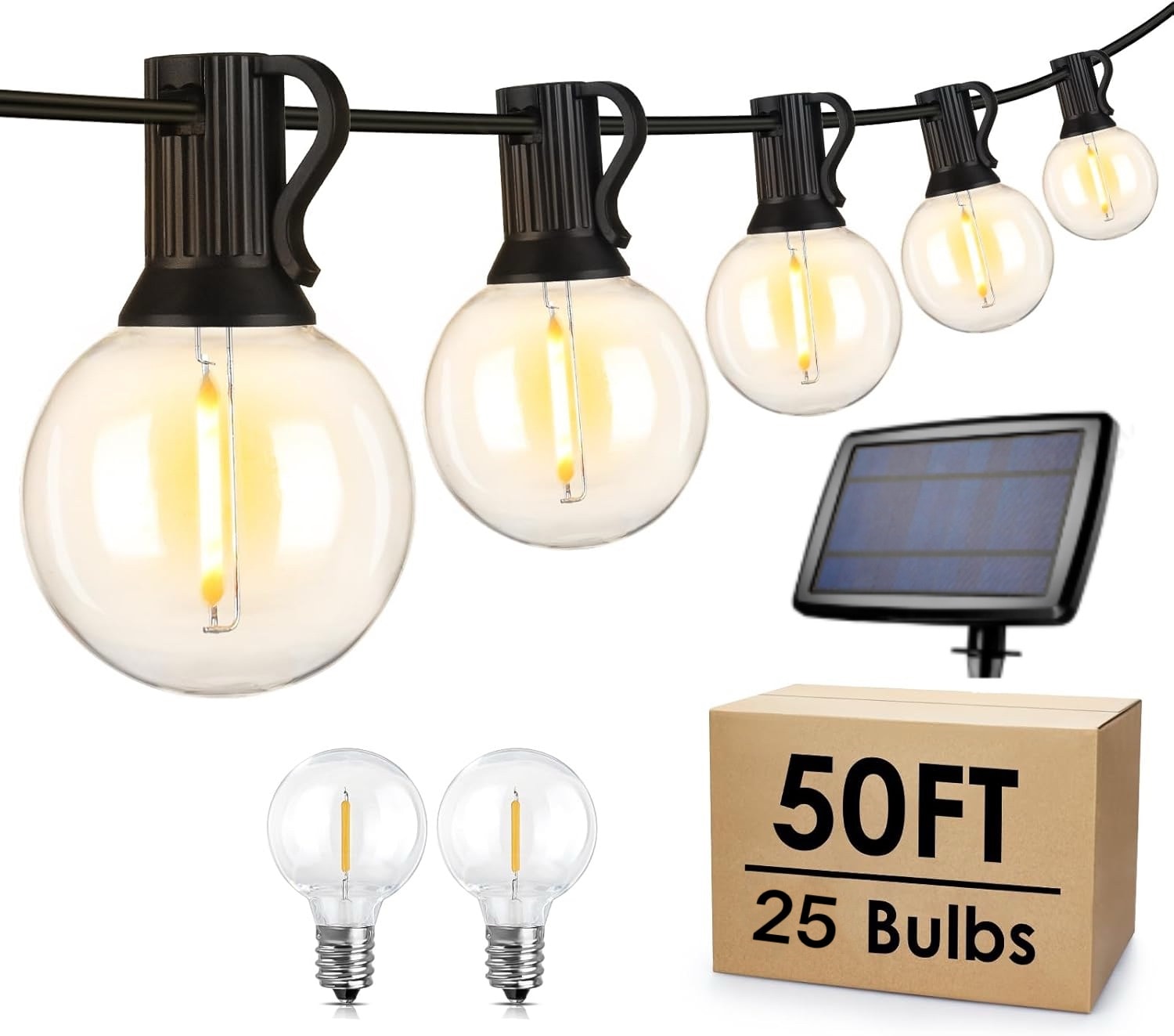 Honbei 50ft Solar Powered Outdoor String Light with 25 White LED Edison Bulbs 2700K Warm White for Patio Garden Pathway