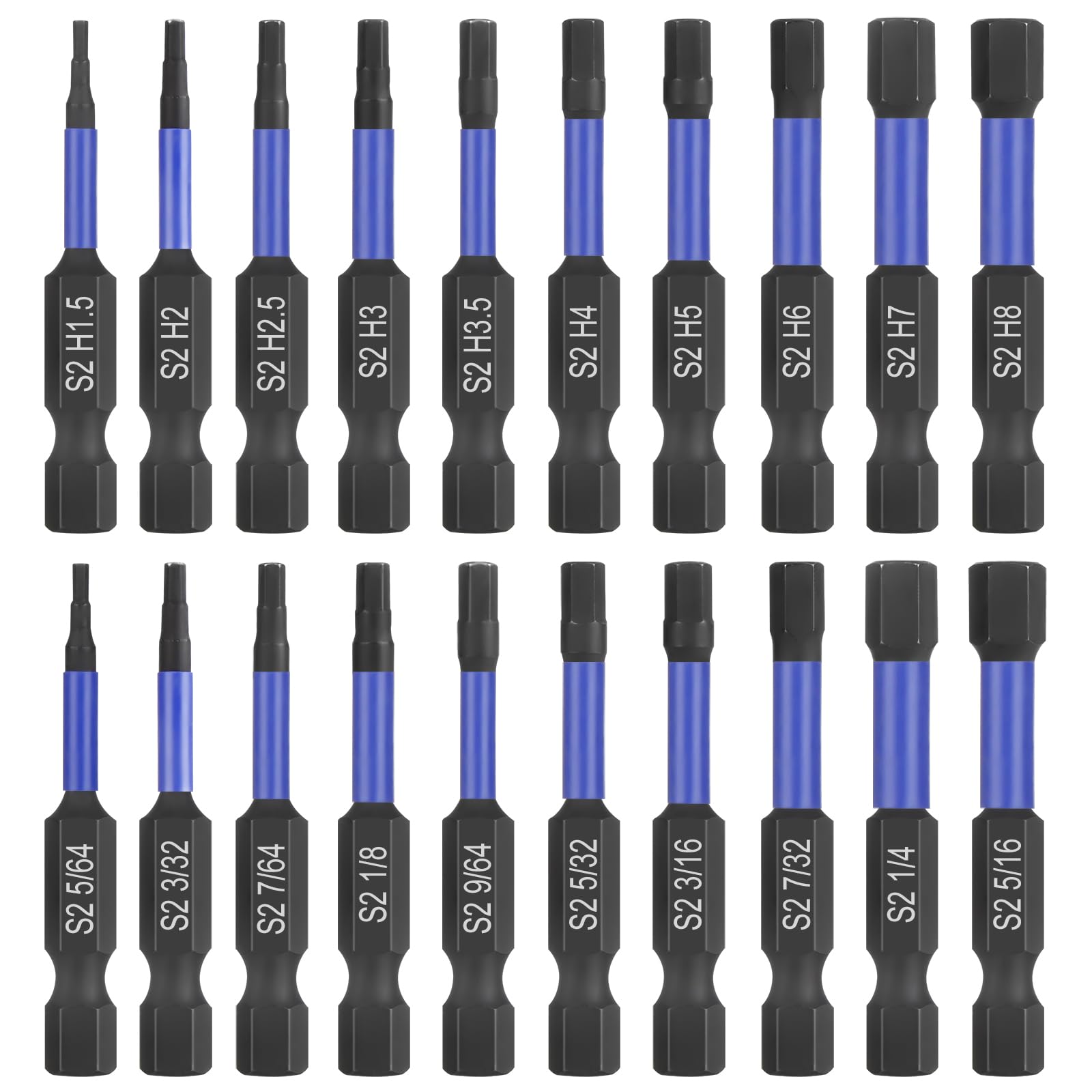 Adrinfly Impact Hex Head Allen Wrench Drill Bit Set 20 Pieces Metric and SAE S2 Steel Hex Bits with 1 quarter Inch Hex Shank Magnetic 50mm Long #LAD0810D128