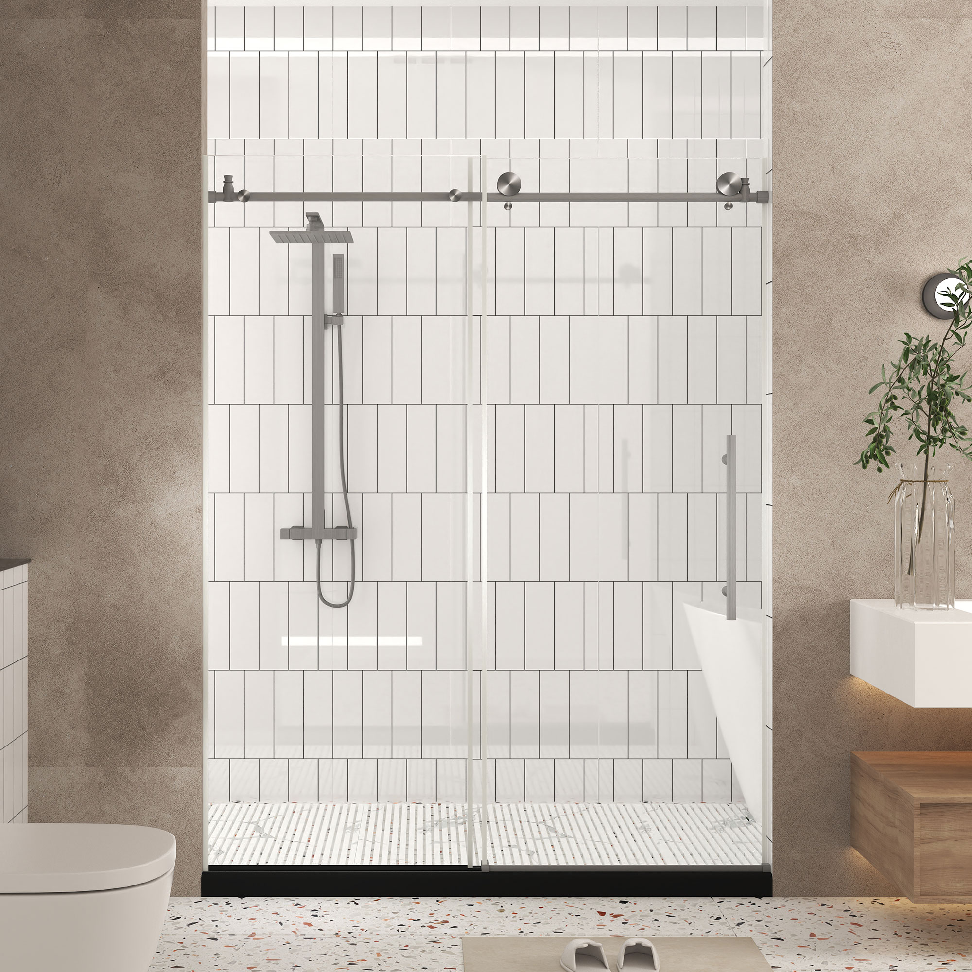 LUXEYARD Frameless shower door Clear Tempered Glass Explosion Proof Film Stainless Steel Handle Brushed Nickel