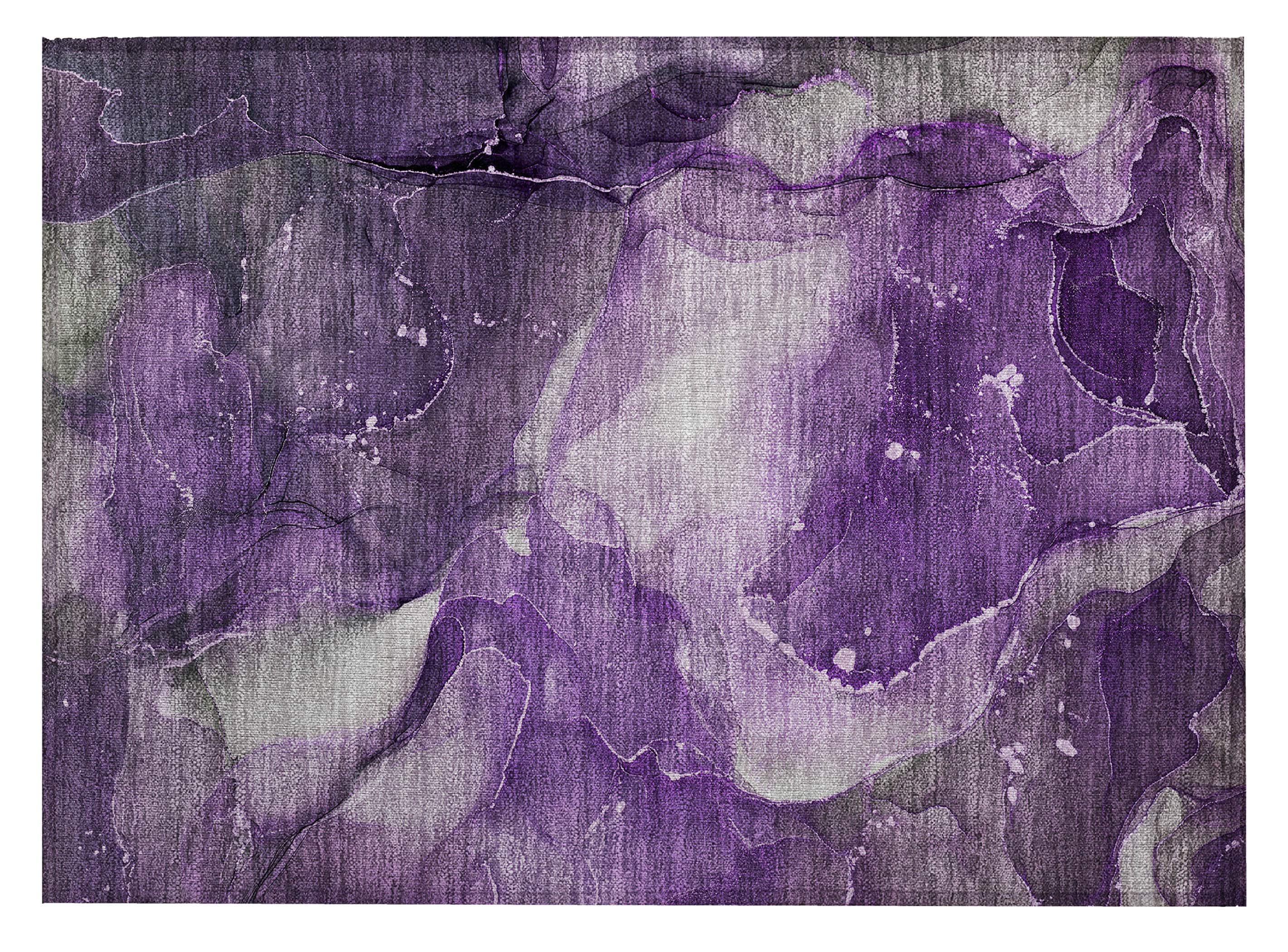 Purple Watercolor Patterned Machine Washable Synthetic Area Rug