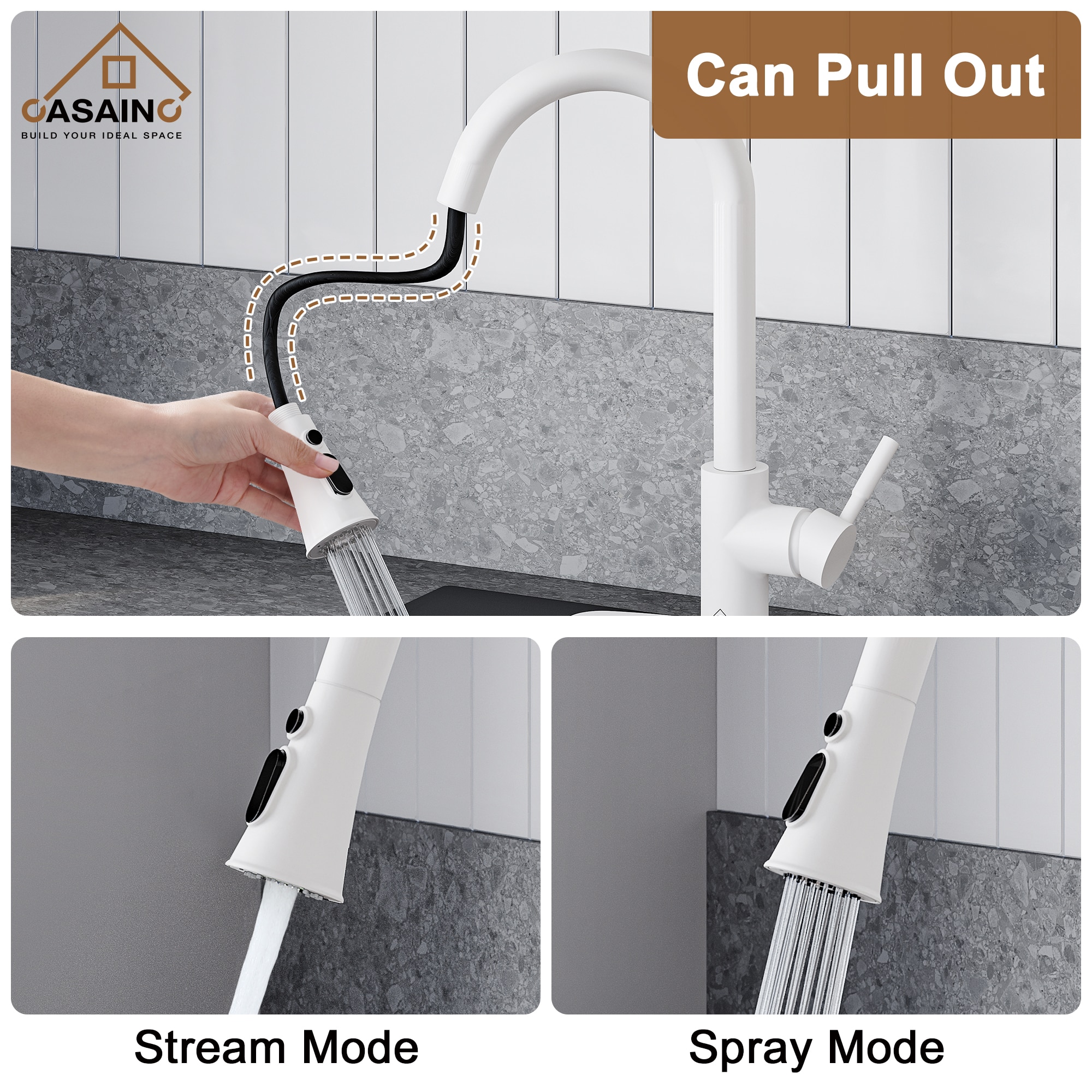 CASAINC Matte White Single Handle Pull-out Kitchen Faucet with Sprayer ...