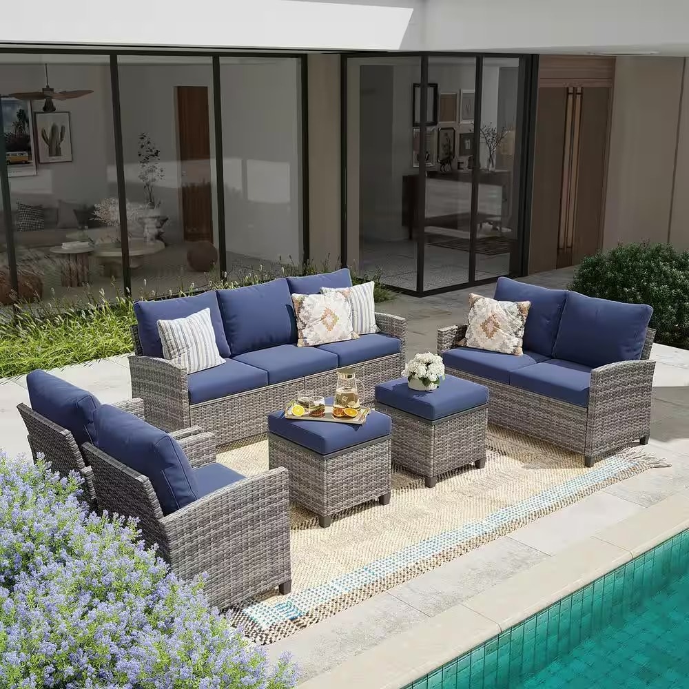 Forclover MONLDS08BR Outdoor Sofa Set 6 -Piece Rattan Patio Sofa Conversation Set with Blue Cushions