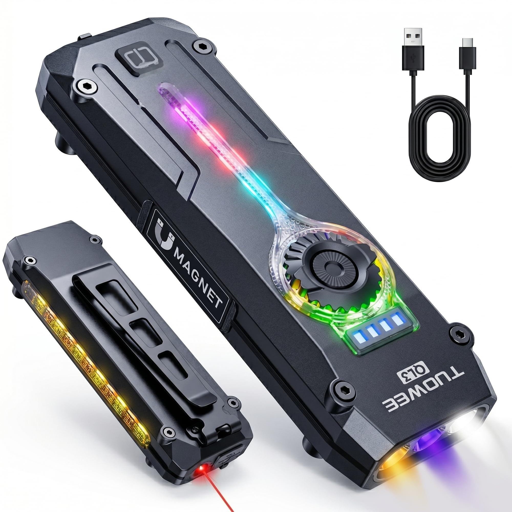 SenQWFa  UV Flat EDC Flashlight renewable power 1800 Lumens Pocket Light with RGB Magnetic Base Dual Switch Stepless Dimming USB-C Waterproof Work