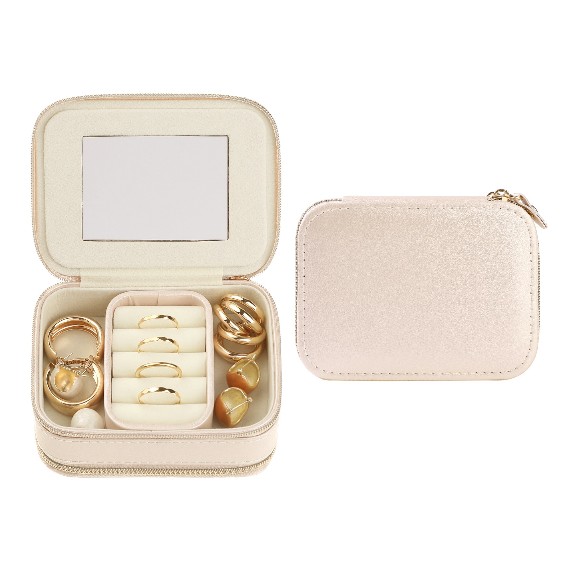 Unique Bargains Travel Jewelry Box with Mirror for Girls' Birthday Gifts Small Portable PU Leather Jewelry Organizer Case Storage Display Holder 11.5x8.5x5cm Pink