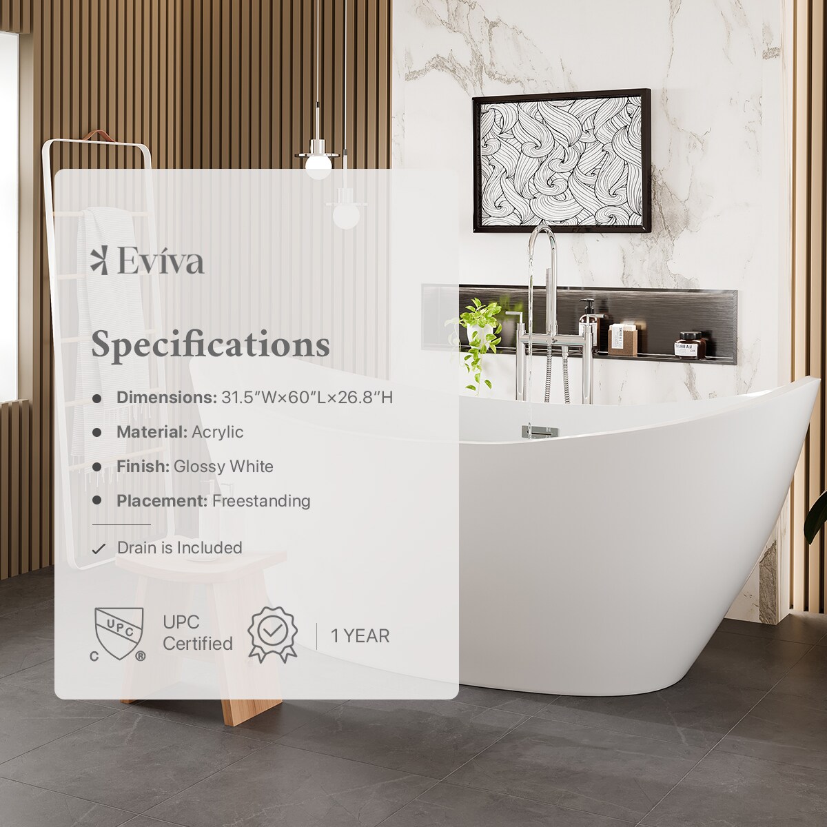 Bella 60" Glossy White Acrylic Freestanding Bathtub