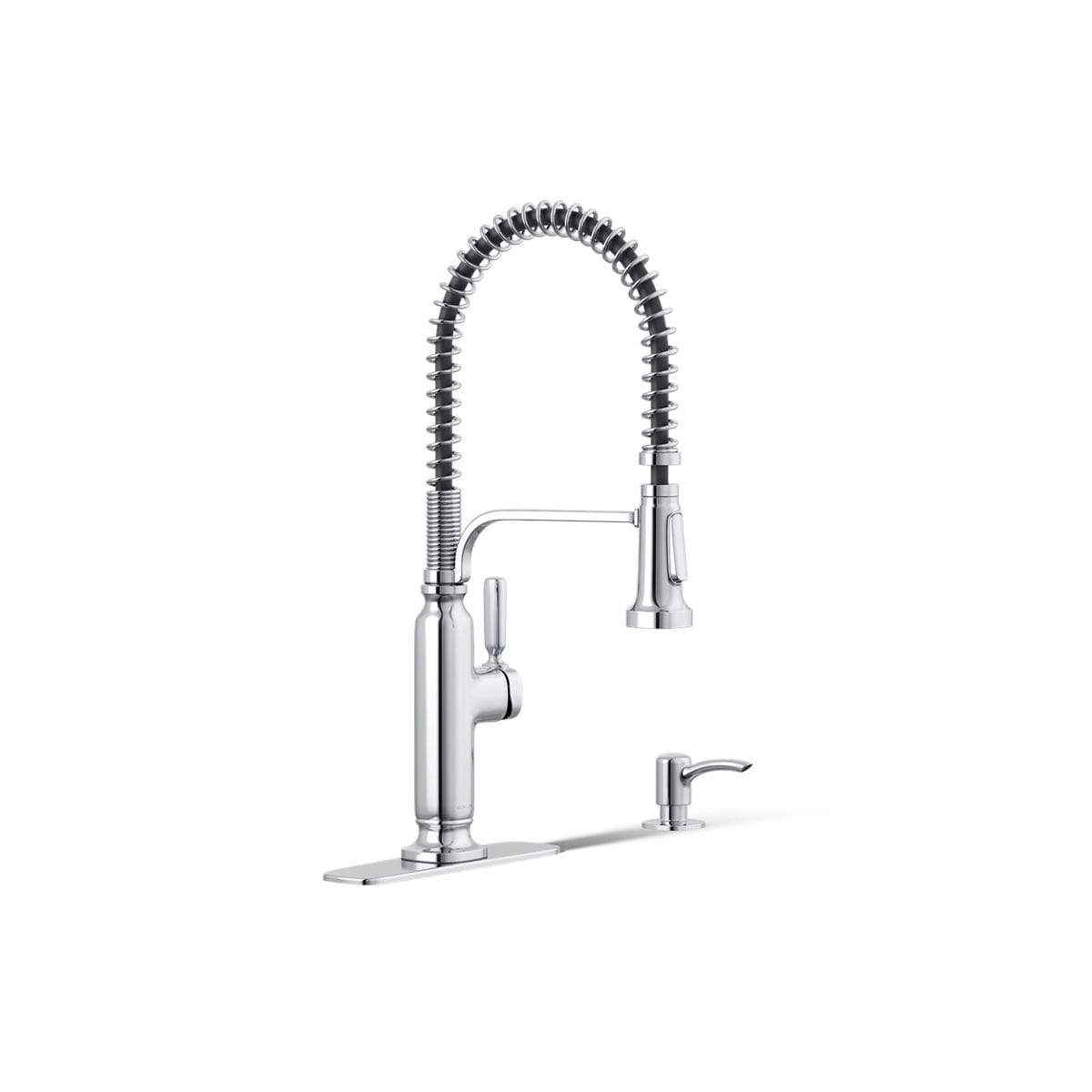 KOHLER K-R28702-SD-CP Ealing Pre-Rinse Spring Polished Chrome Single Handle Deck-mount Pull-down Kitchen Faucet with Sprayer ( Deck Plate Included ) (Soap Dispenser Included)