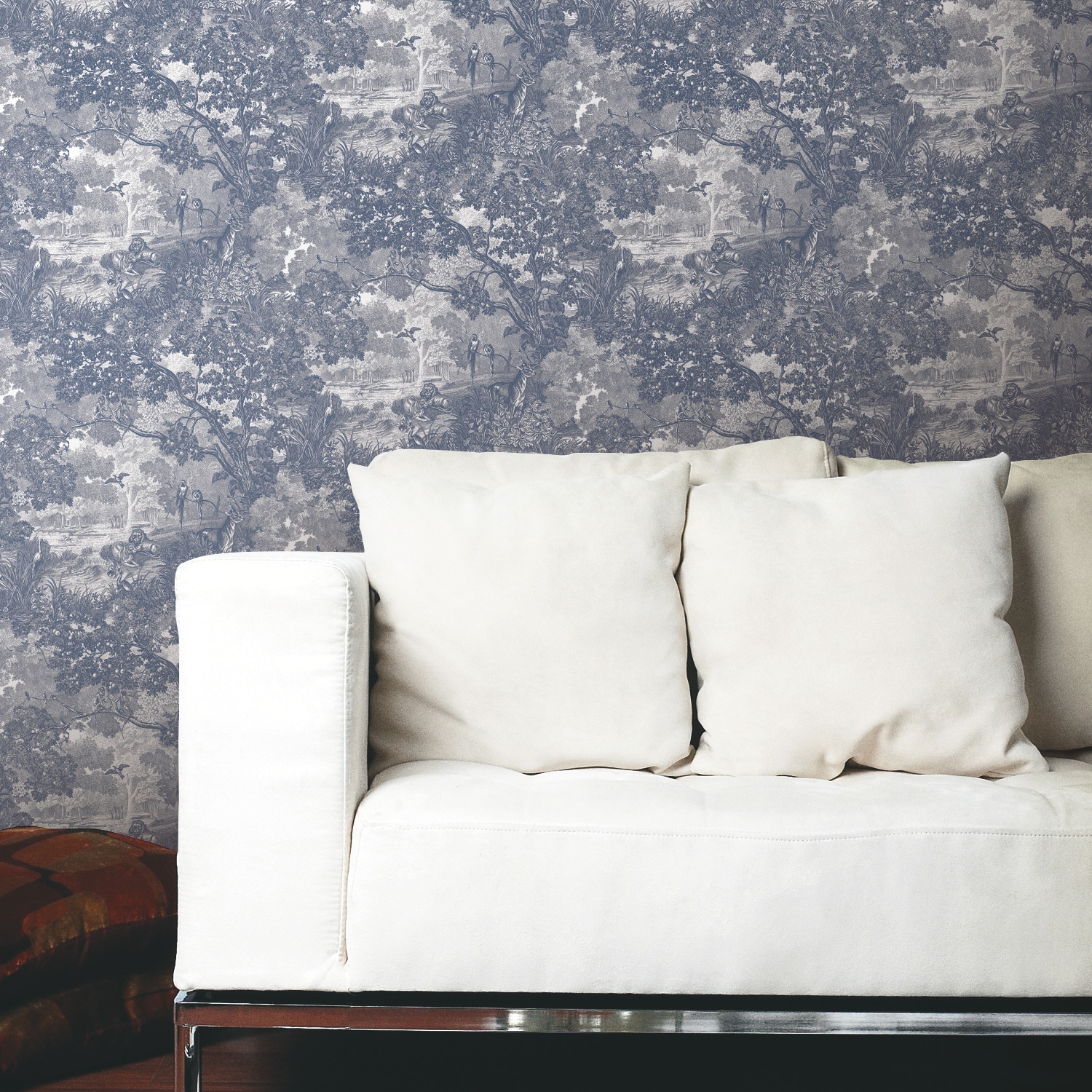Blue and Gray Jungle Toile Peel and Stick Wallpaper Roll