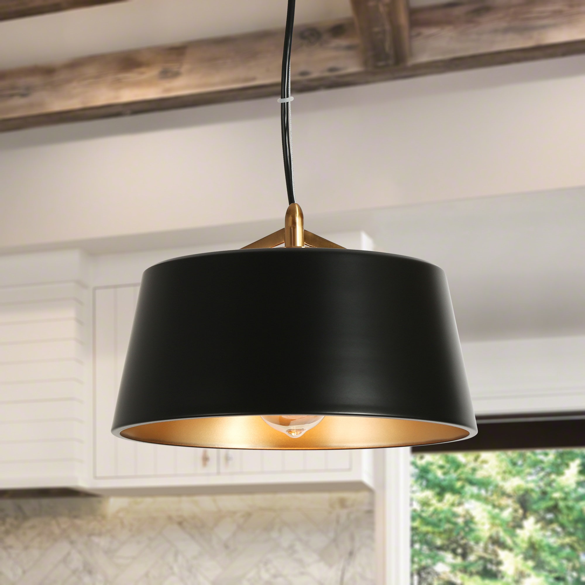 Uolfin Black and Brass Gold Dome Drum Modern/Contemporary Drum LED Hanging  Kitchen Island Light in the Pendant Lighting department at