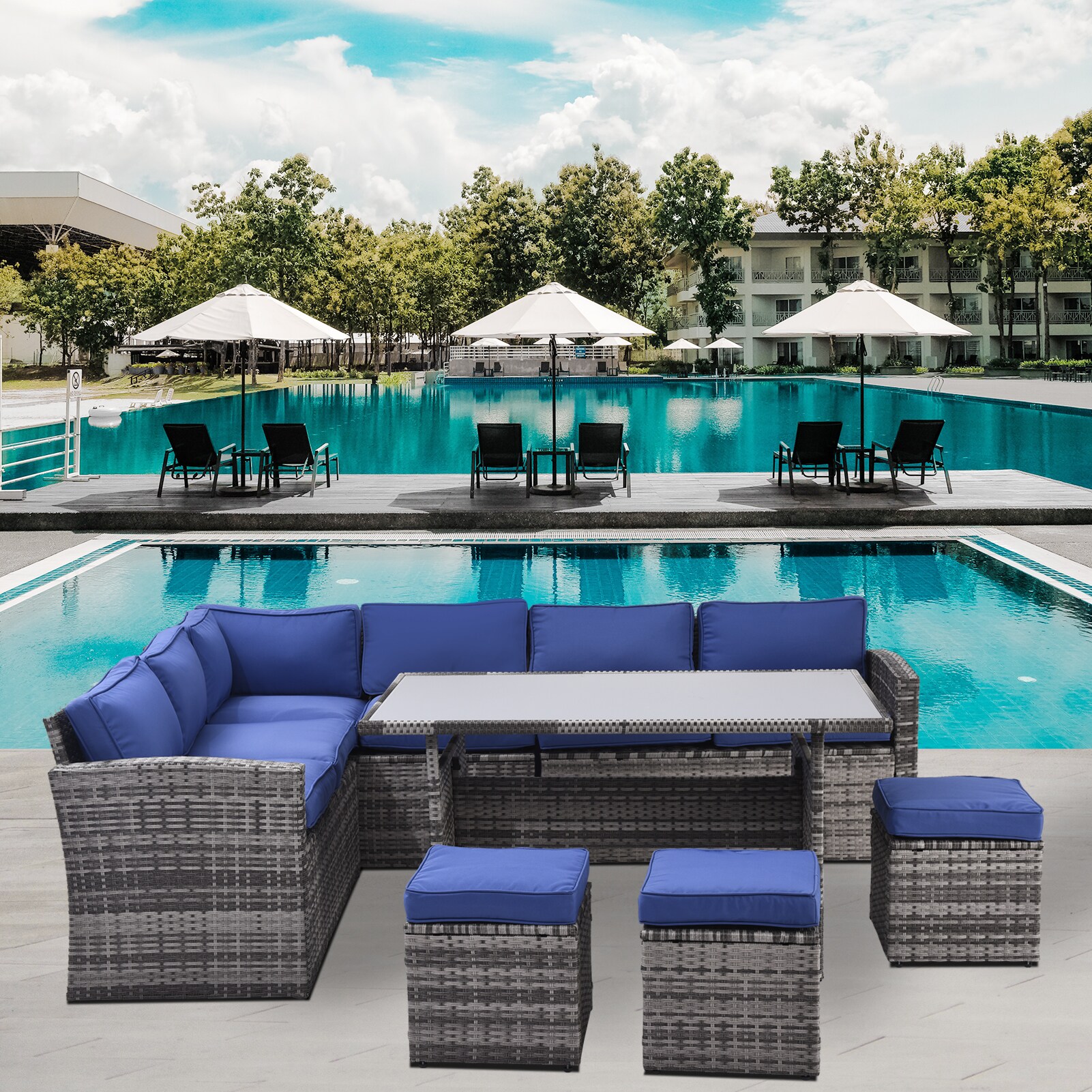 AHIOU HOME ZAAHG-S00033SF Alton 7 -Piece Wicker Patio Conversation Set with Blue Cushions