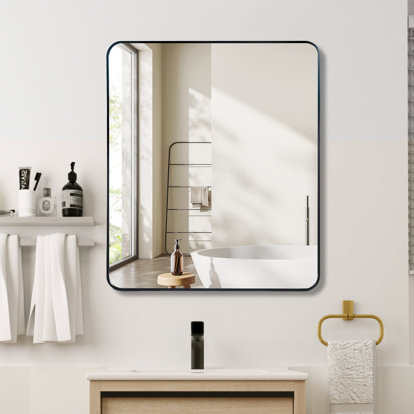 AAZJ ASY-P218446 Bathroom Mirrors 30-in x 36-in Framed Rectangle Fog Free Bathroom Vanity Mirror ( Black )