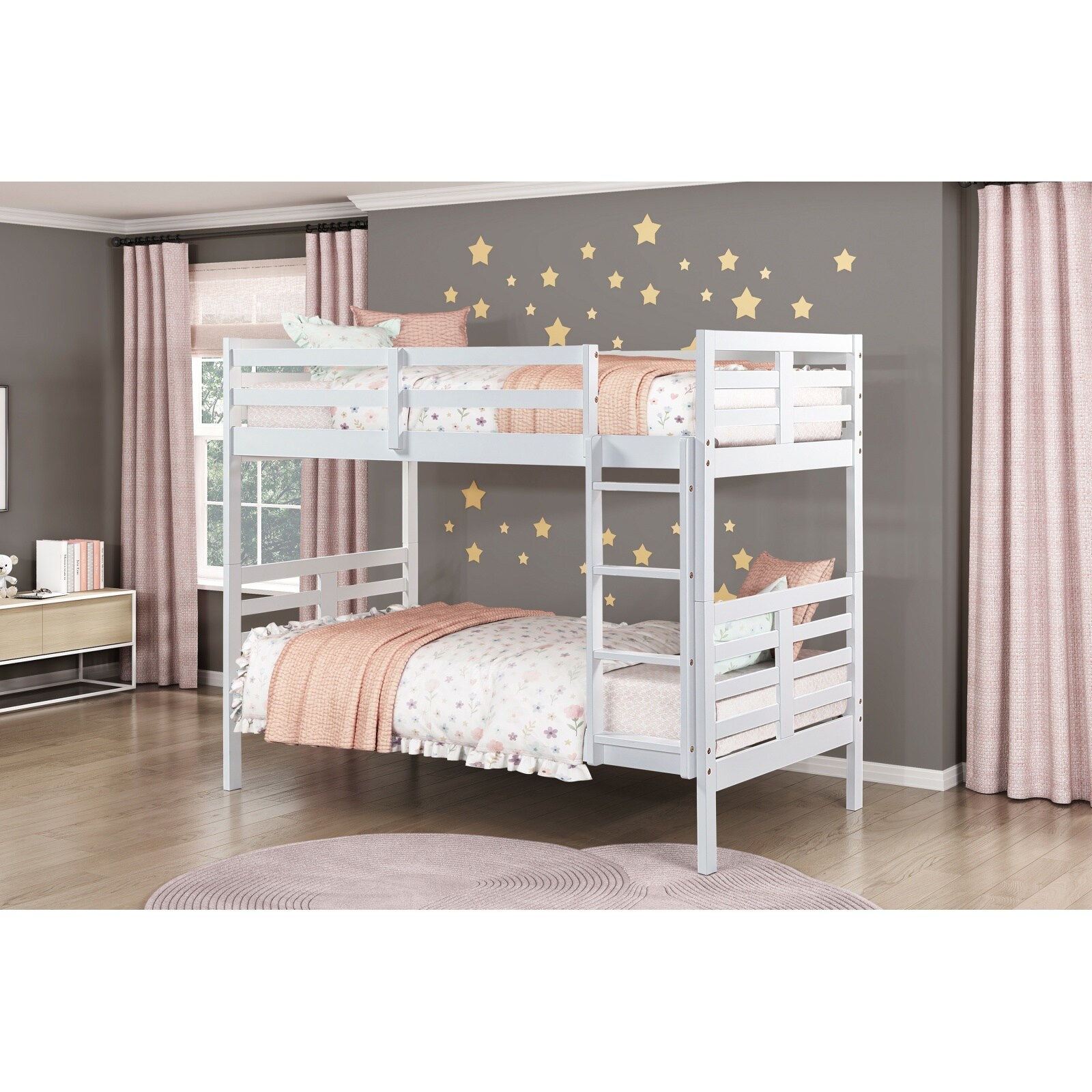 CHITA Twin Over Twin White Bunk Bed with Ladder Access and Guardrails ...