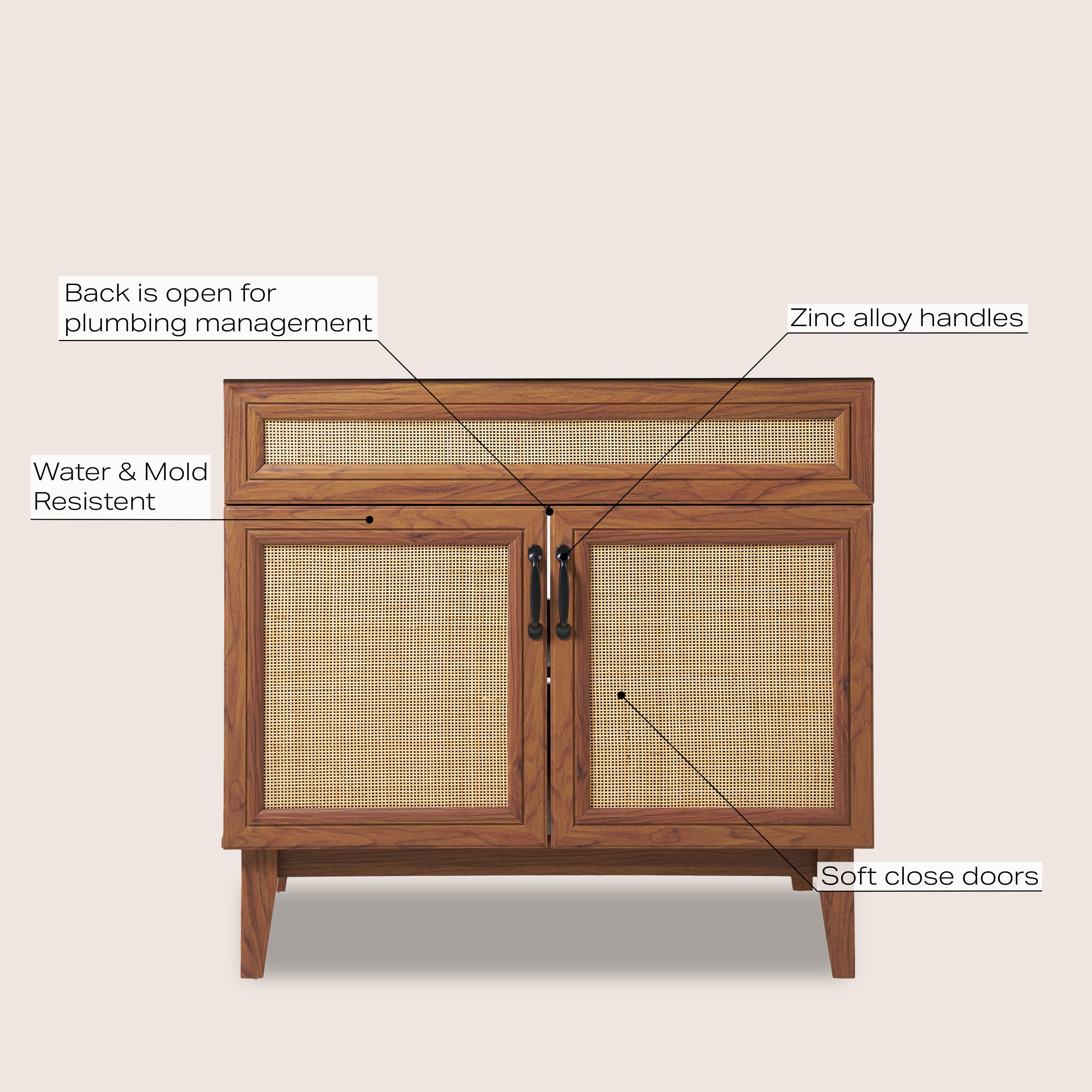 Javer 36" Walnut Rattan Modern Farmhouse Bathroom Vanity Cabinet