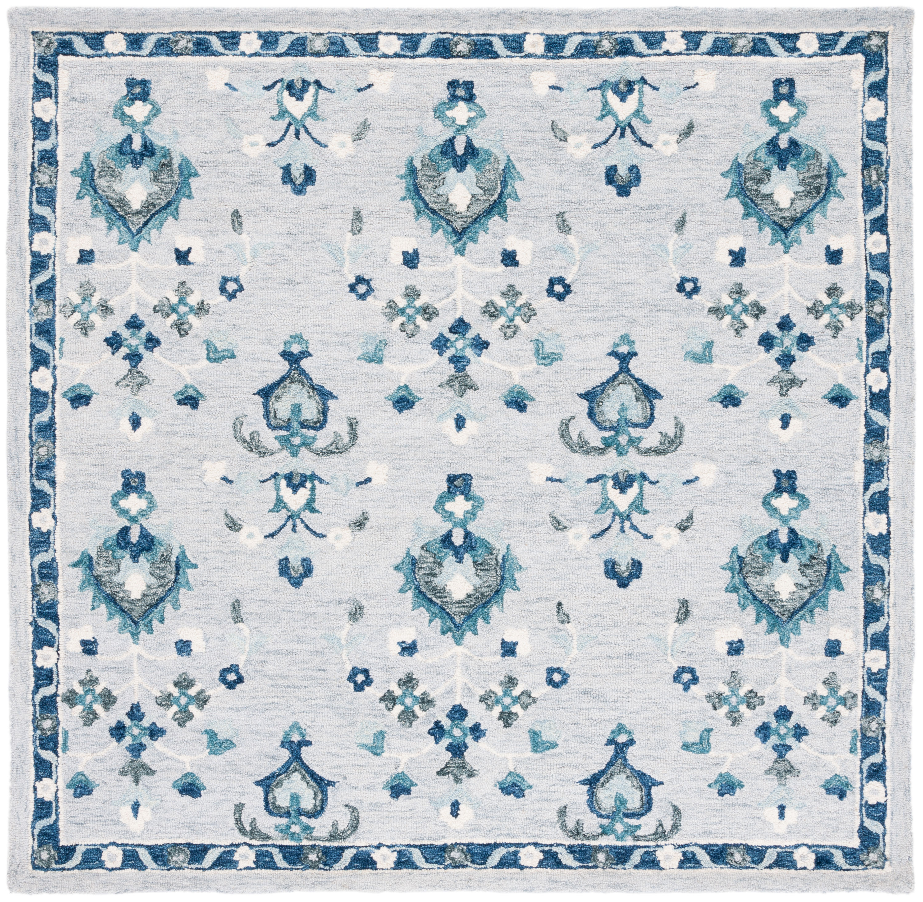 Elegant Country Floral Hand-Tufted Wool Area Rug - 6' Square Blue