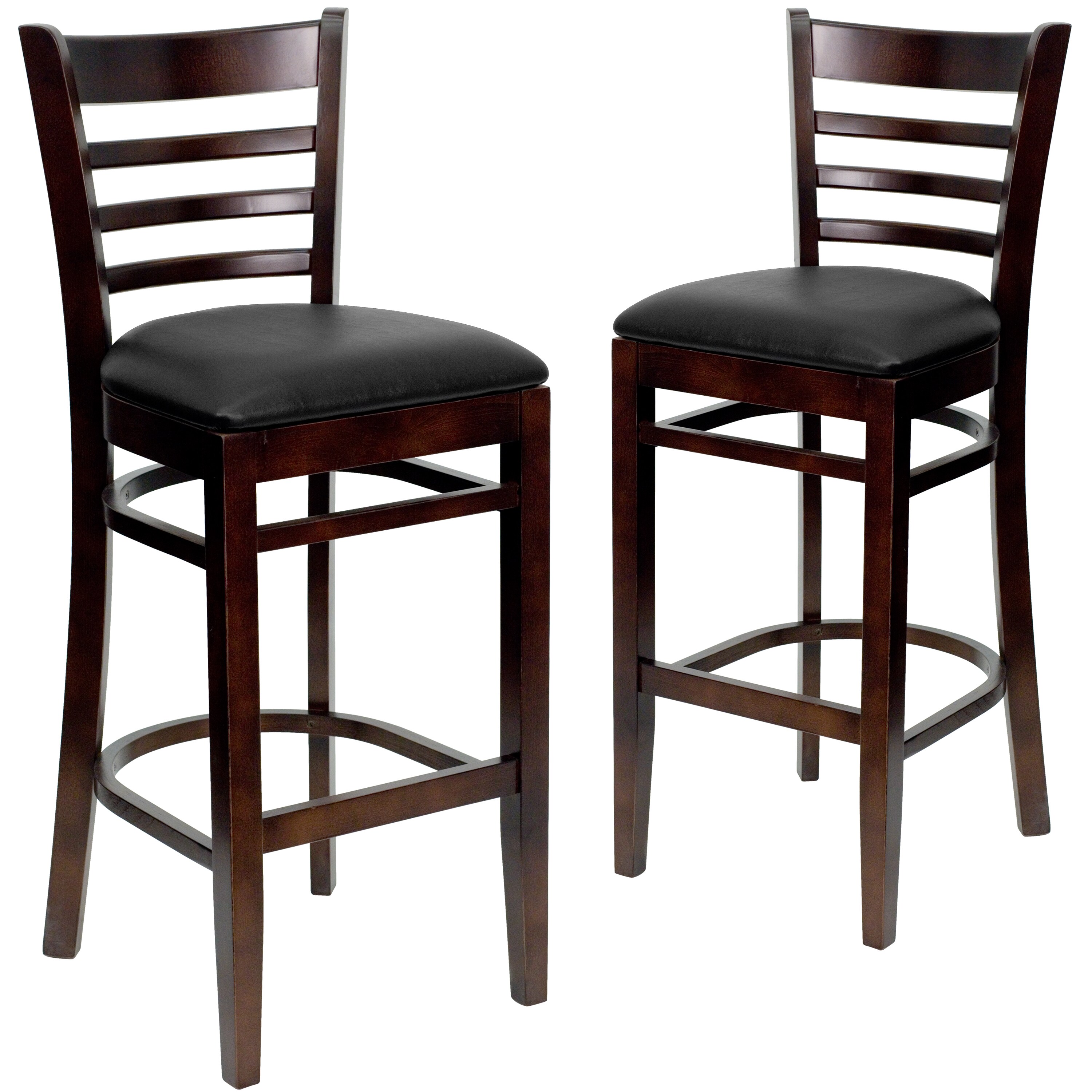 Flash Furniture 2 Pack HERCULES Series Ladder Back Walnut Wood Restaurant Barstool - Black Vinyl Seat