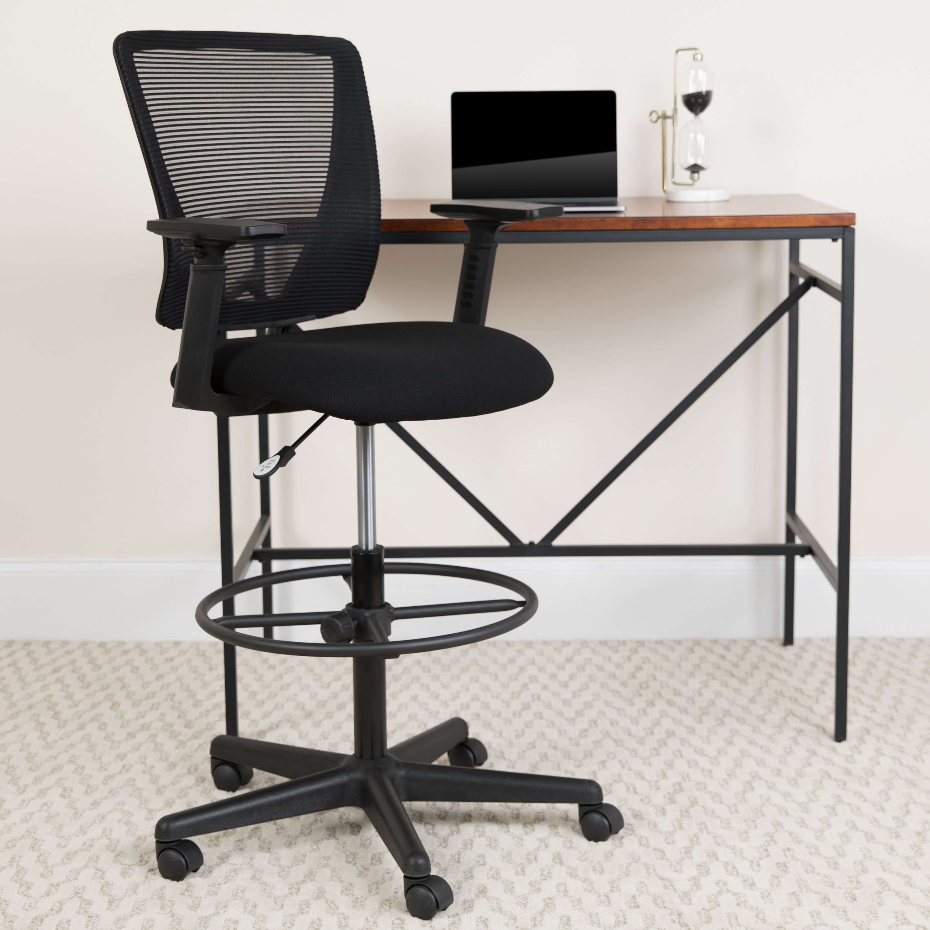 ErgoFlex Mid-Back Mesh Drafting Chair with Adjustable Arms and Black Fabric Seat
