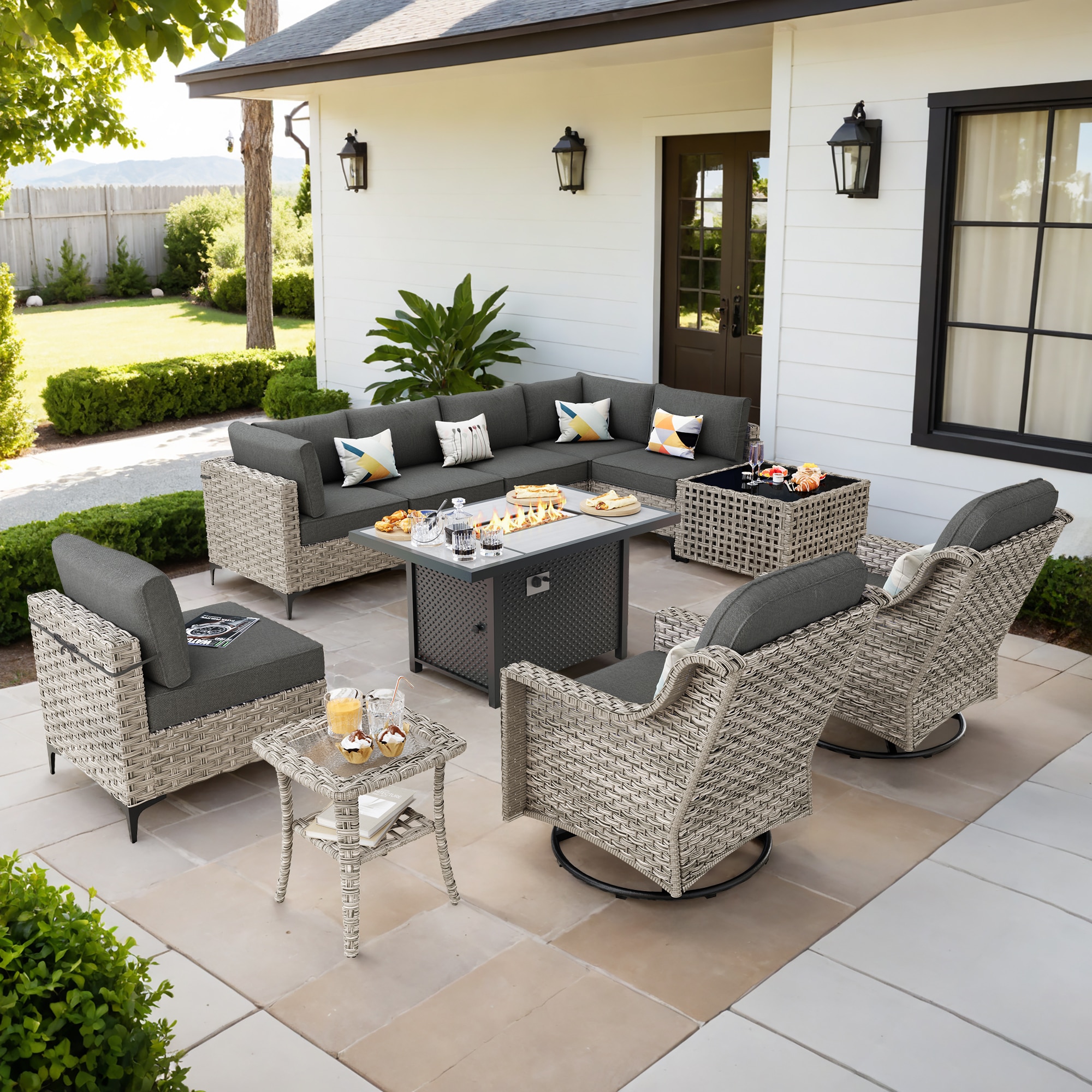 Pouuin DFPSKT100 Wicker Outdoor Sectional with Black Cushions and Wicker Frame