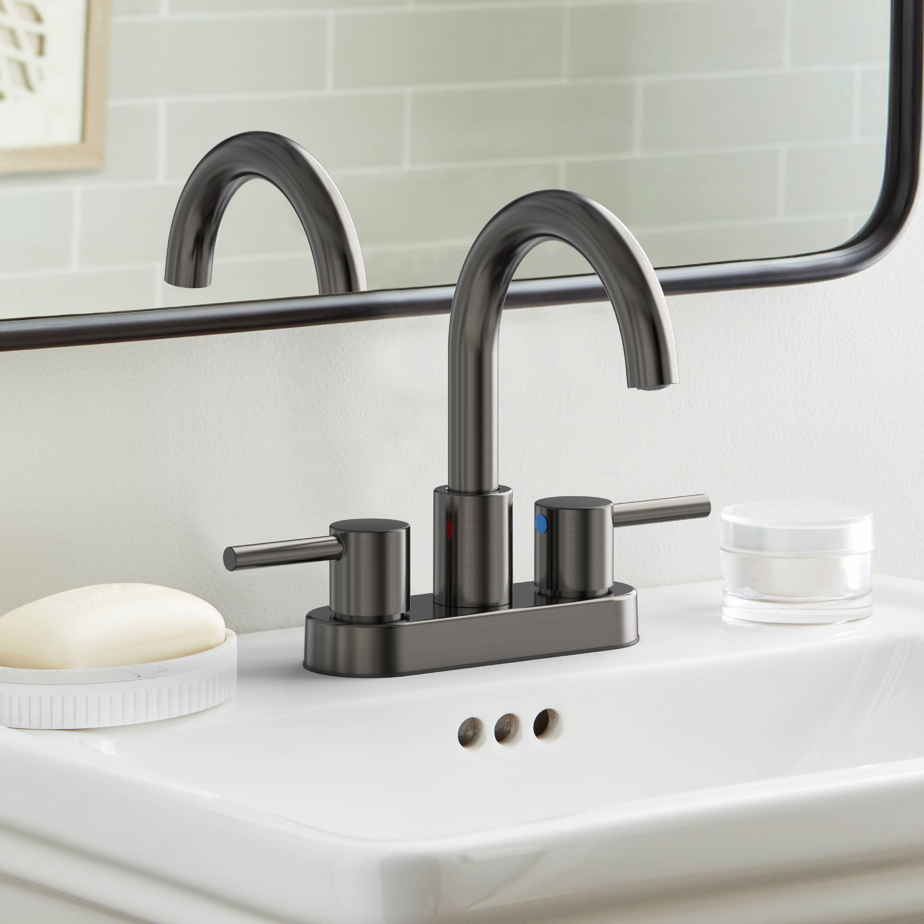 Project Source 67703W-635808 Idlewood Gunmetal Gray 4-in centerset 2-handle WaterSense Mid-arc Residential Handle Bathroom Sink Faucet with Drain with Deck Plate