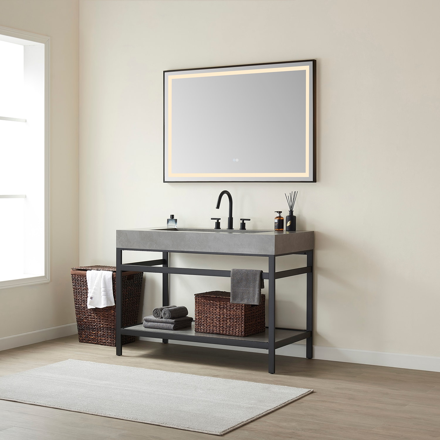 Vinnova 702148-TB-WK Lleida 48-in Matt Black Stainless Steel Single Sink Bathroom Vanity with Gray Engineered Stone Top (Mirror Included)