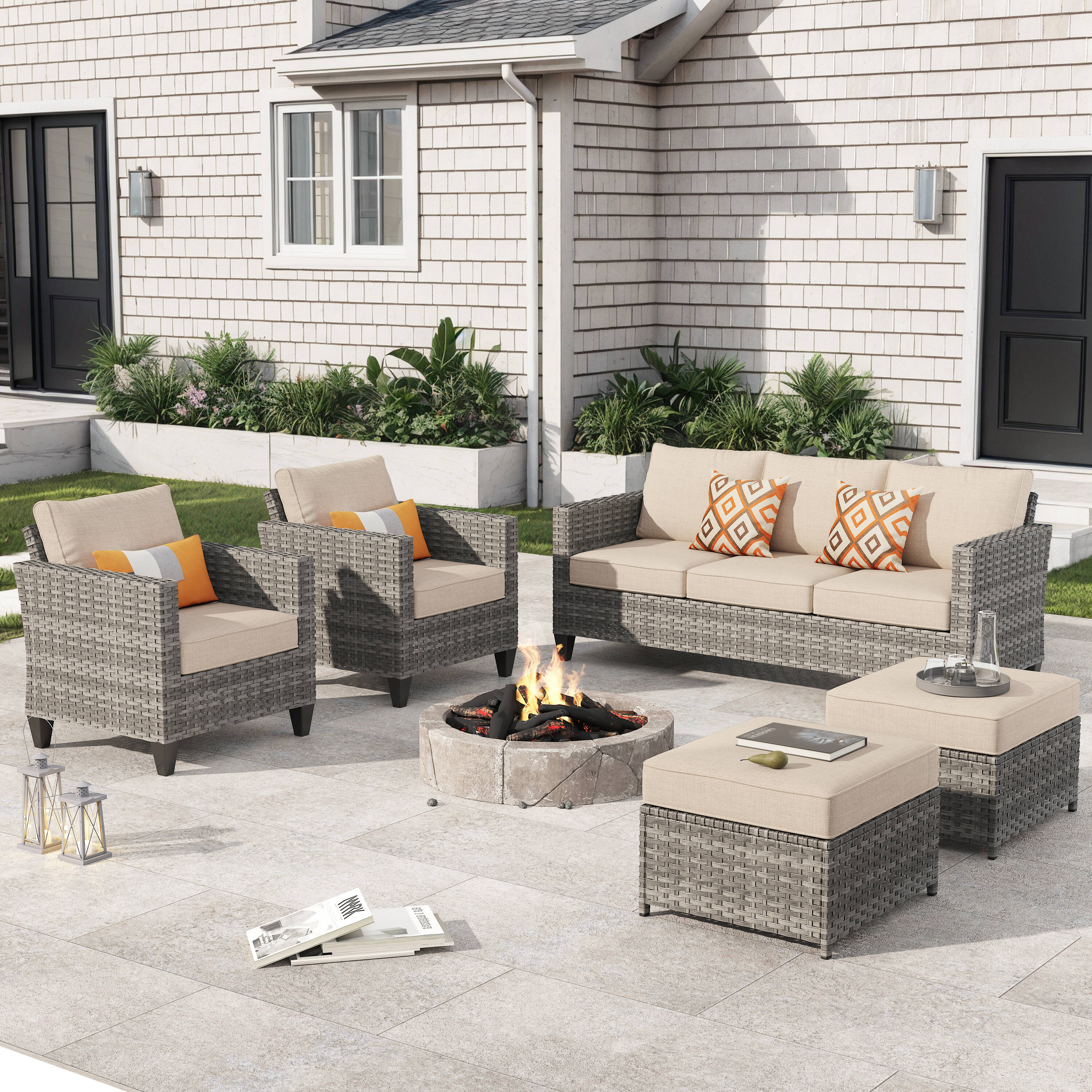 Pouuin SGR605 5 -Piece Wicker Patio Sofa Conversation Set with Beige Cushions