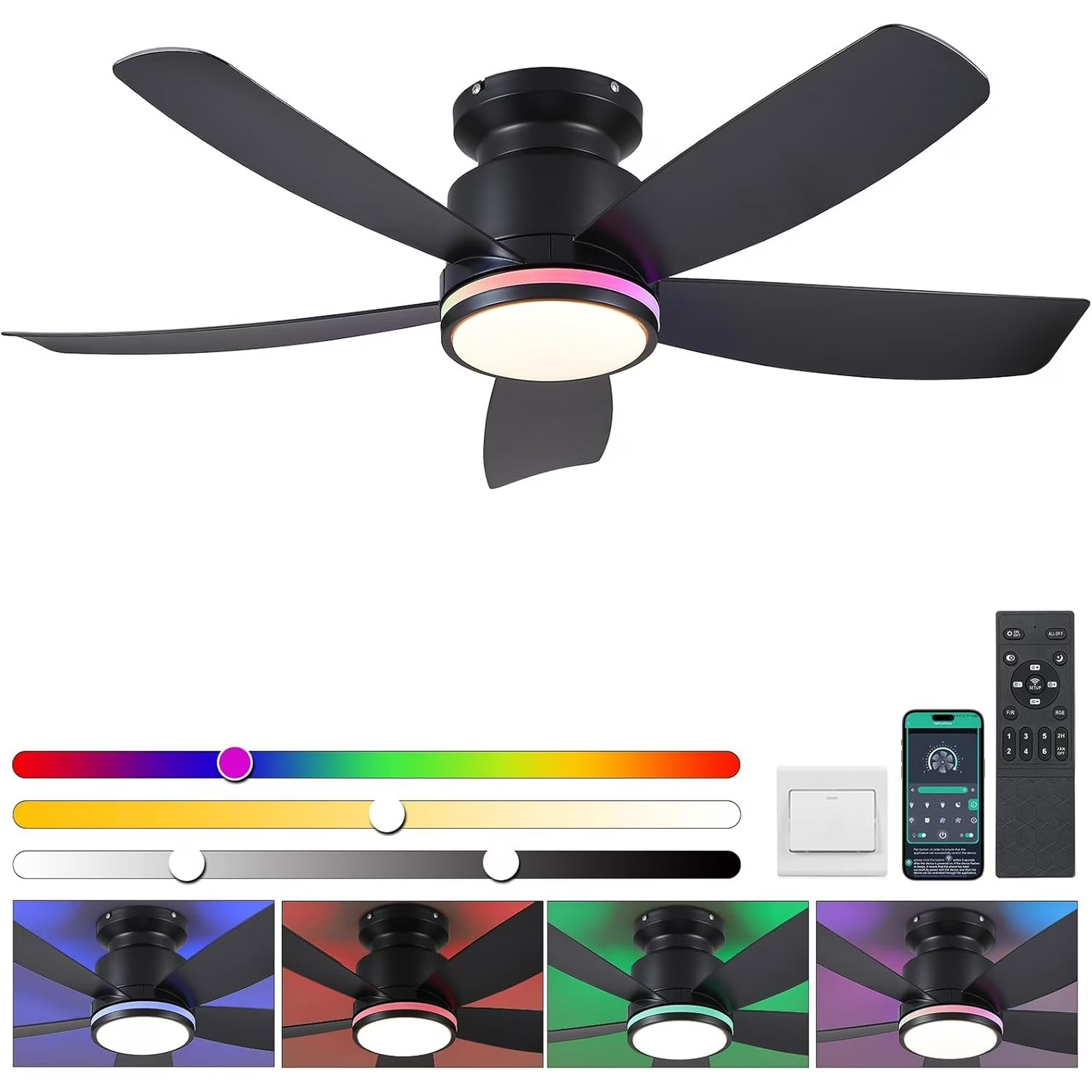 Kviflon  41 in Black RGB Flush Mount Ceiling Fan with Light Color Changing Ring Light Night Light Mode Quiet DC Motor 6 Speed Remote and App Control for Modern Indoor Space