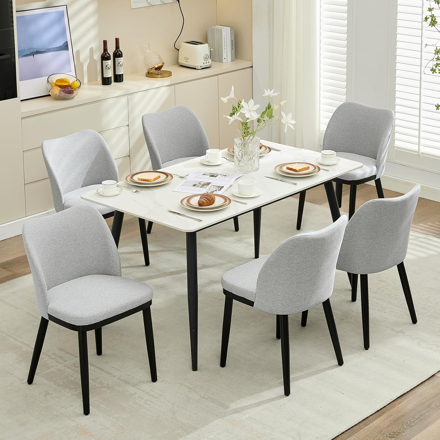 Qeetex QET-DC-WJ562 6 Dining Chairs - Upholstered Fabric Dining Room Side Chairs - Chair for Dining Room with Padded Seat and Wood Legs-Modern Dining Chairs for Restaurant - Kitchen - Cafe - Living Room(Grey)