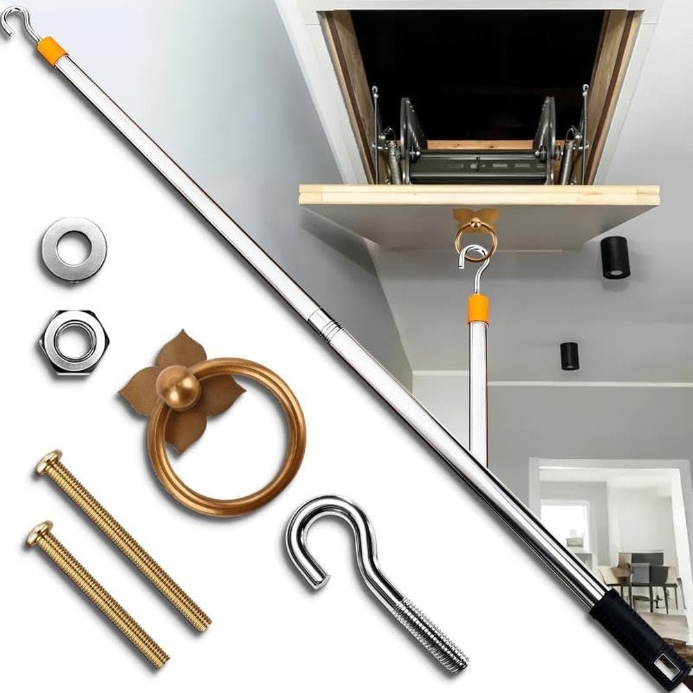Lukvuzo 60 Inch Steel Attic Pull Down Hook Kit with Antique Brass Handle Cordless Release System for Scissor Ladder Hatch 1 Kit Silver #LLU0430D52