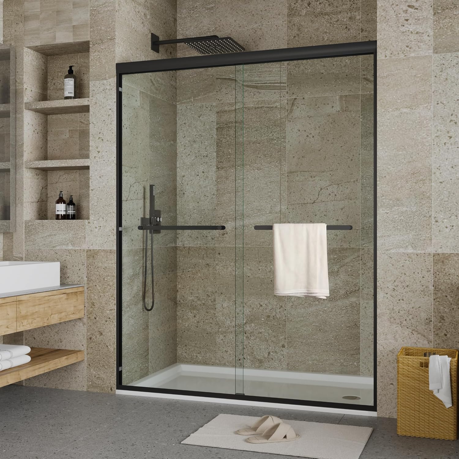 Qeetex CBDPHO-15TDI5HJ 72 inch W and 60 inch H Double Sliding Shower Door Aluminum Alloy Shower Enclosure with Dual Sliding Doors with Easy Clean 6MM Tempered Glass Rust-Proof Space Saving Design Matte Black