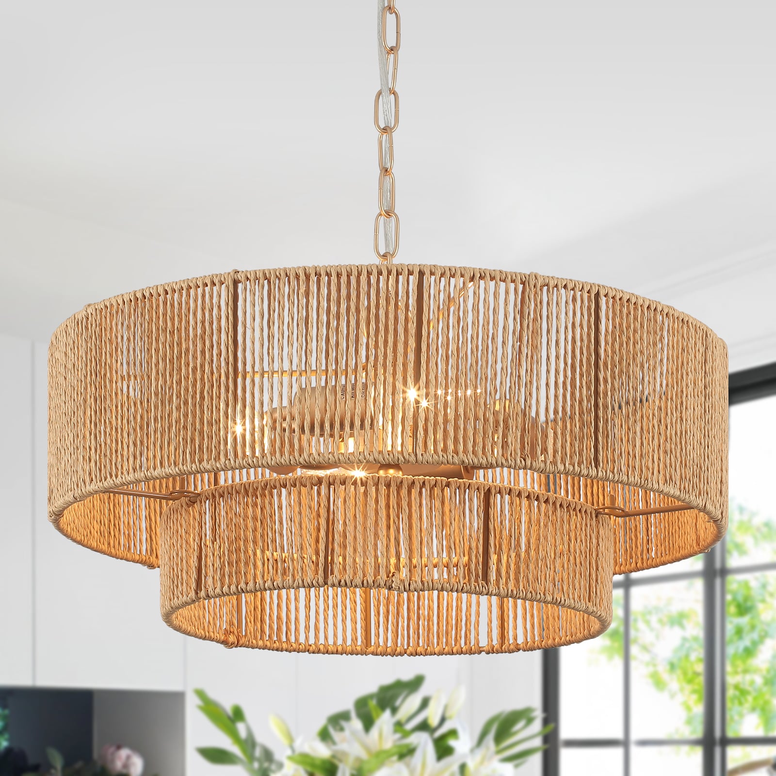 ZemSum 18-in 4-Light Gold Bohemian/global Drum Rattan Metal Chandelier