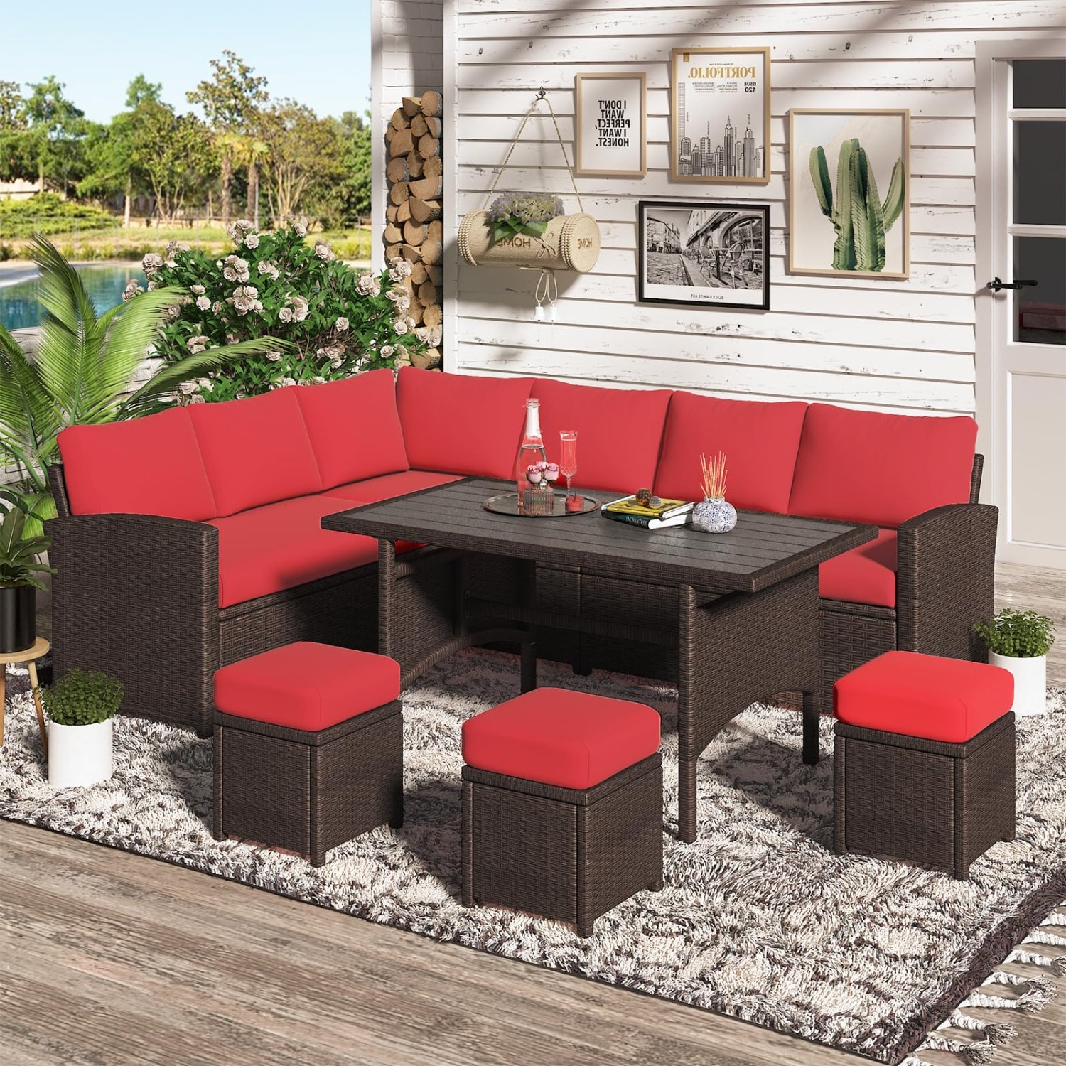 AECOJOY 16076RD-LS01 Conversation Set Outdoor Sectional with Red Cushions and Wicker Frame