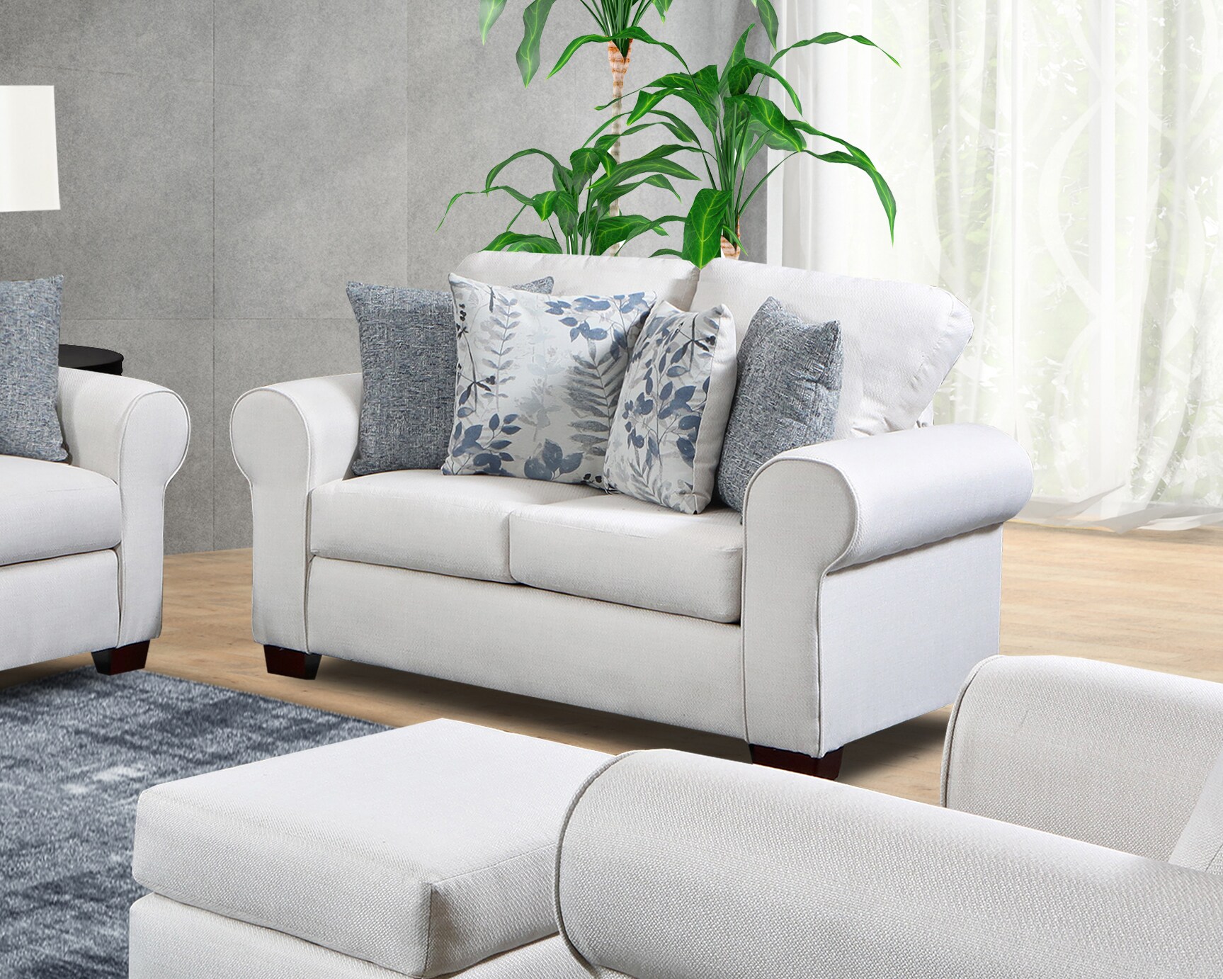 Pembroke Off-White and Blue Fabric Loveseat with Pillows