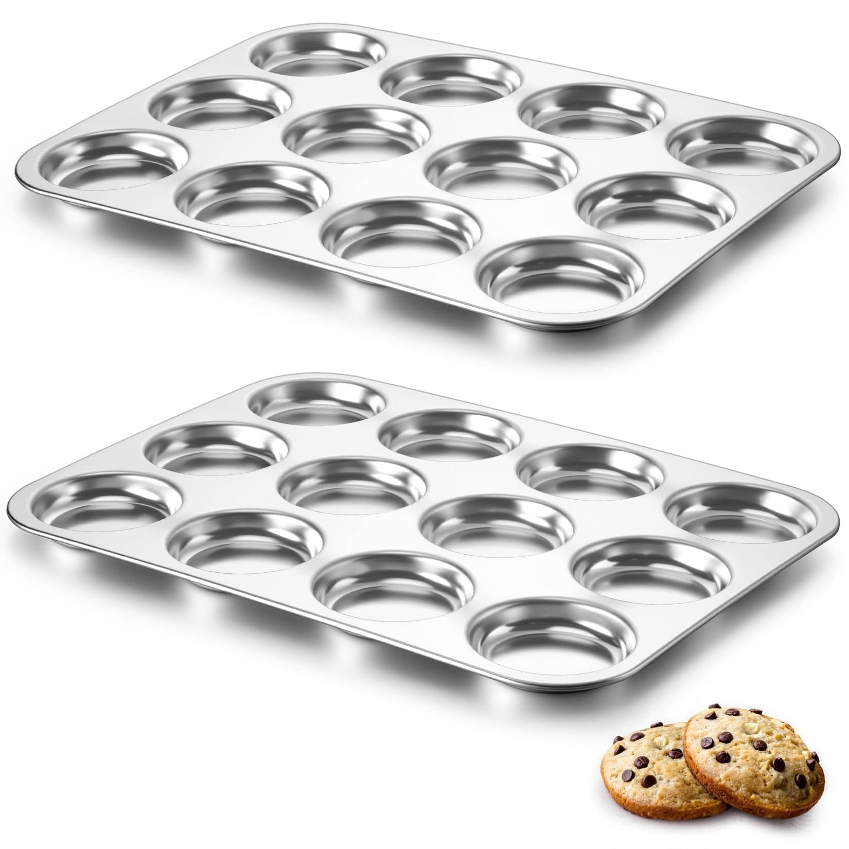 DHMHD  Stainless Steel Muffin Top Pan 12 Cup Shallow Side for Whoopie Pie Yorkshire Pudding Easy Clean Oven Safe Silver durable home and garden