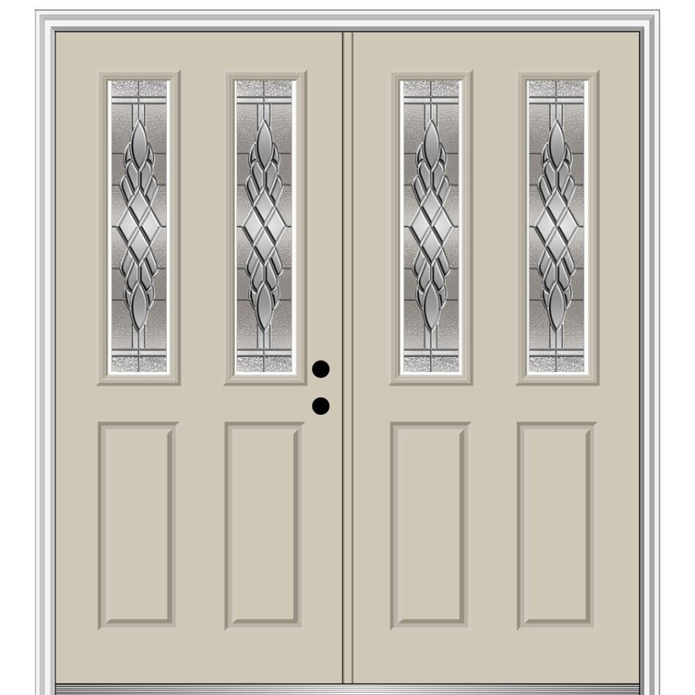 MMI DOOR 68-in x 80-in Low-e Grilles Between The Glass Primed Fiberglass  Center-hinged Right-Hand Inswing Double Patio Door Brickmould Included in  the Patio Doors department at