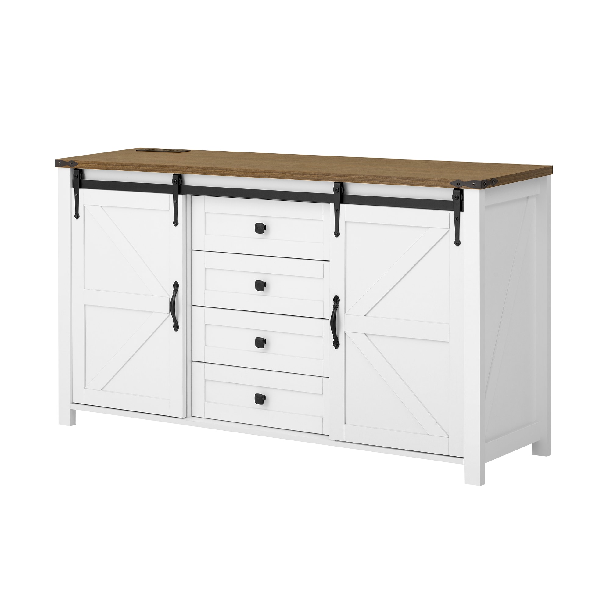 ModernLuxe Assembly Required 55.1Inch Sideboard with StorageFarmhouse Storage Cabinet with Sliding Barn Doors and 4 Drawers Wood Buffet Table with Power Outlet