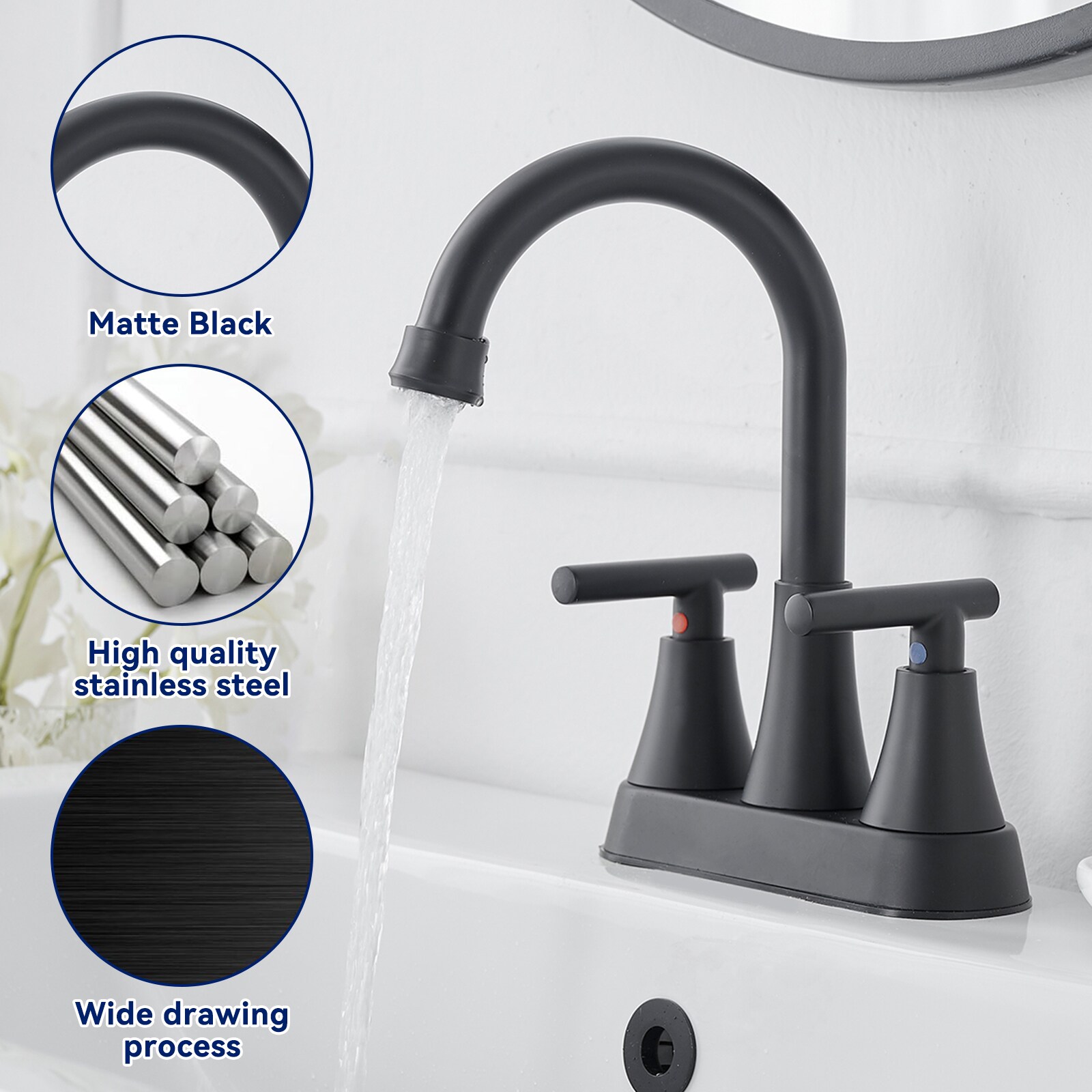 Matte Black Stainless Steel 2-Handle High-Arc Bathroom Faucet