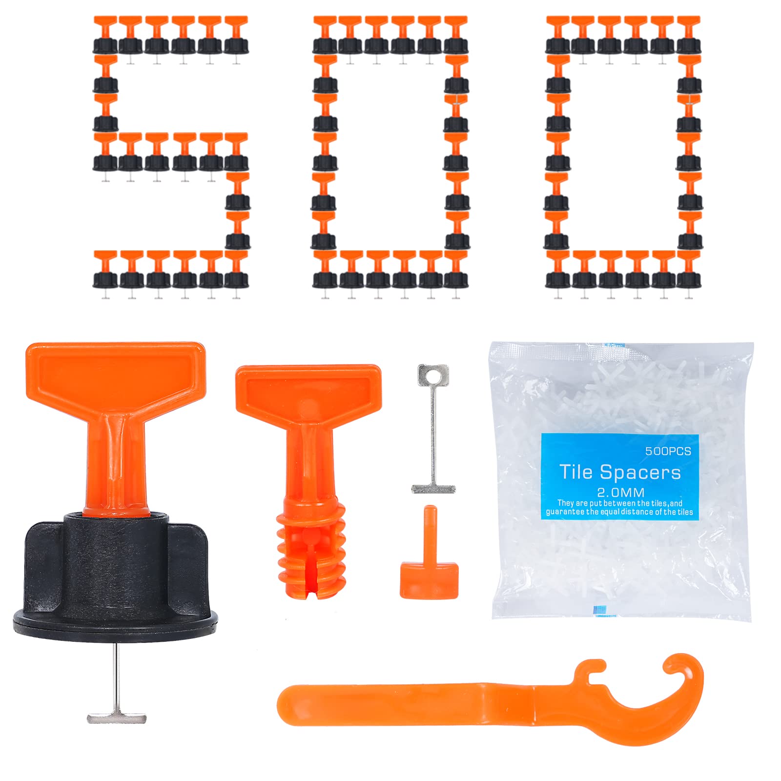 Phyfalip 500pcs Tile Leveler Spacers Kit 2000pcs 2mm Tile Spacers 10 Special Wrenches 50pcs Steel Pins for Floor Wall Tile Install 3-17mm #LPF0502U14