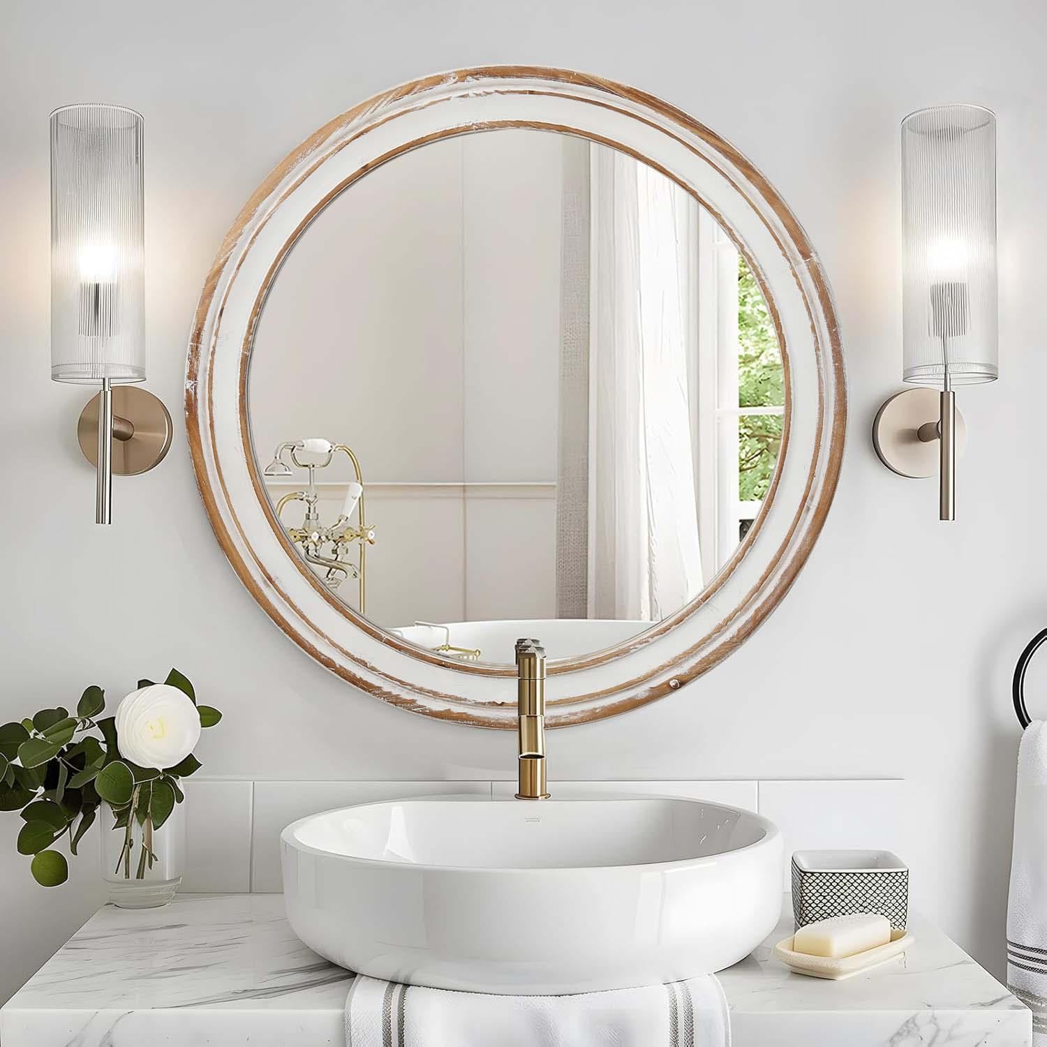 Bayfeve BF-246678-MIR Round Decorative Mirror 24-in x 24-in Framed Round Bathroom Vanity Mirror ( Antique Natural )