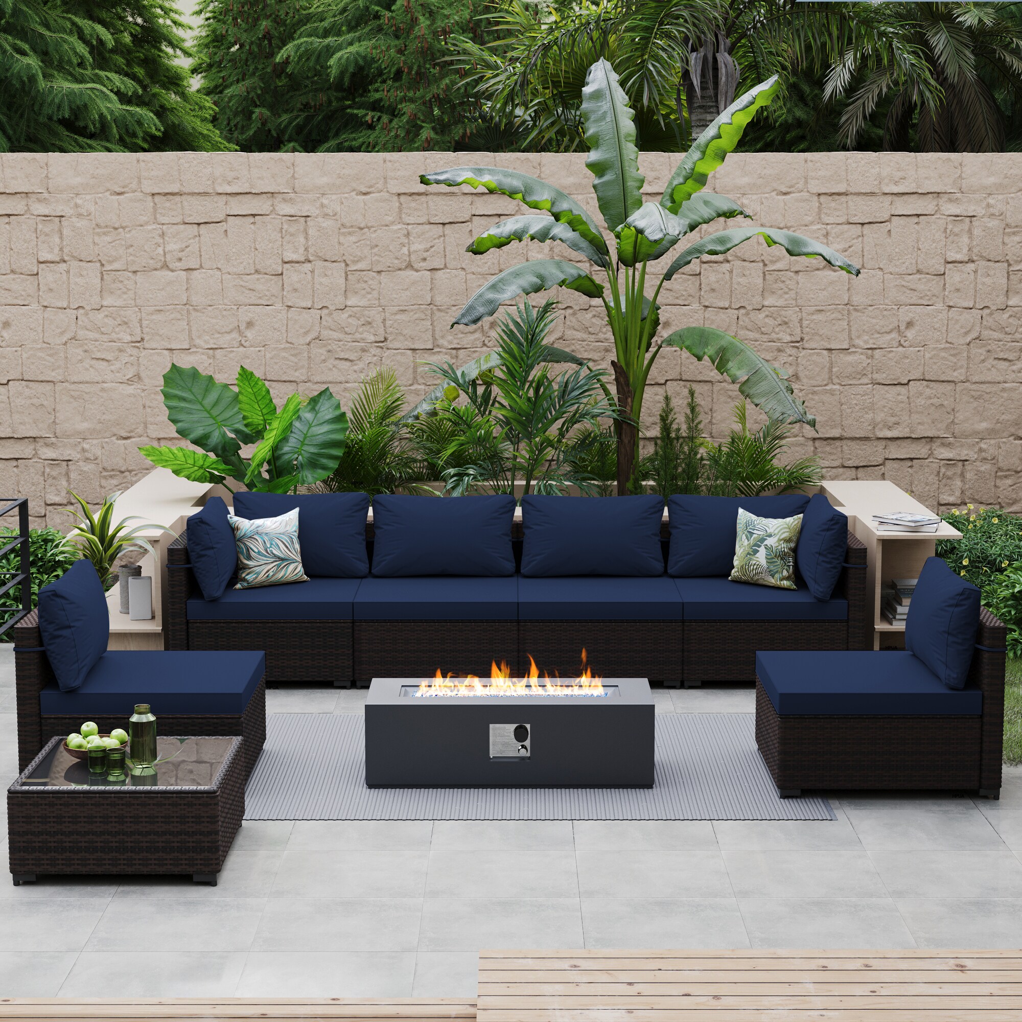 Patio Watcher RT7-NABLUE-C42TP 8-Piece Rattan Patio Conversation Set with Blue Cushions