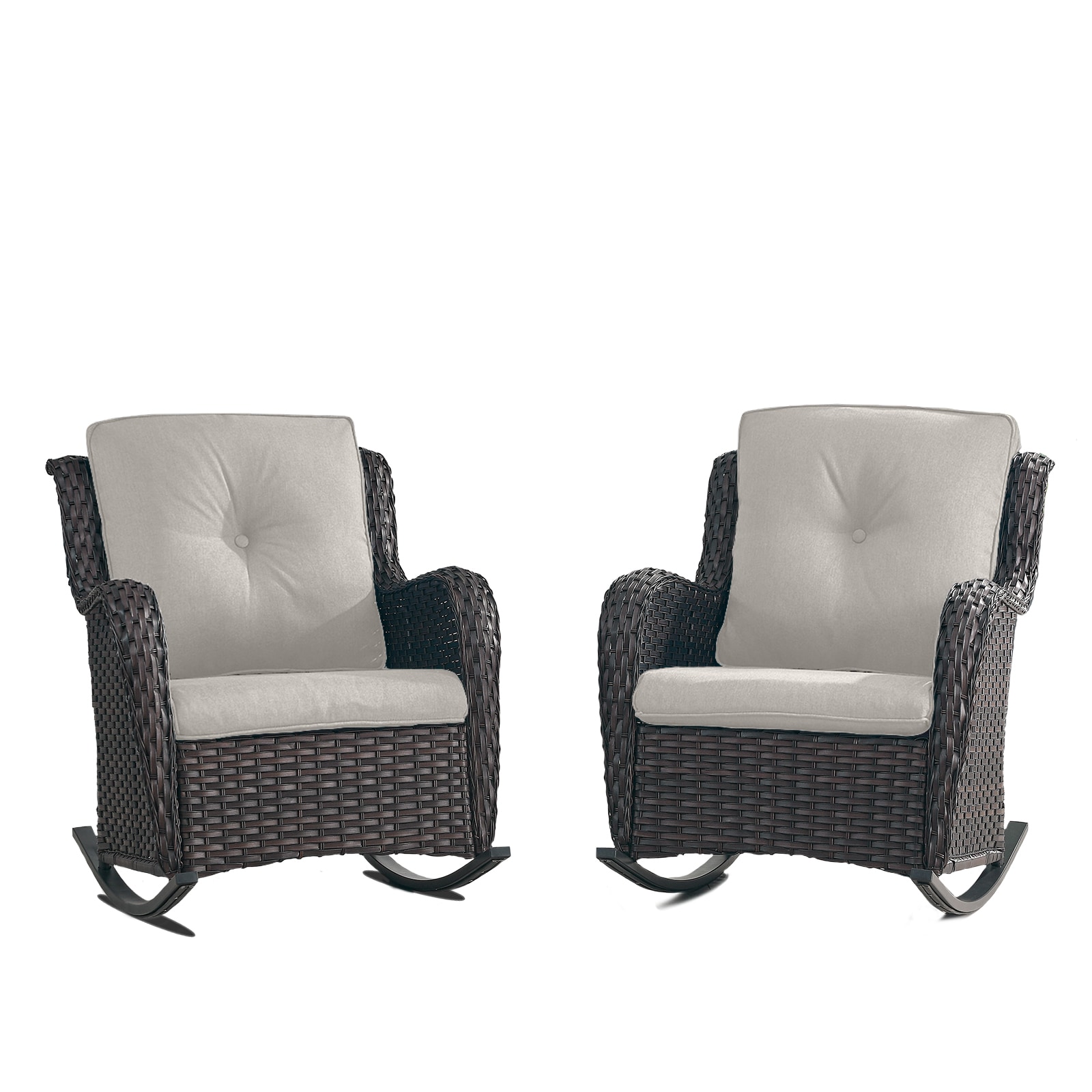 Rilyson FS101-2 Curved handrail Set of 2 Wicker Brown Wicker Frame Rocking Chair with Off-white Beige Cushioned Seat