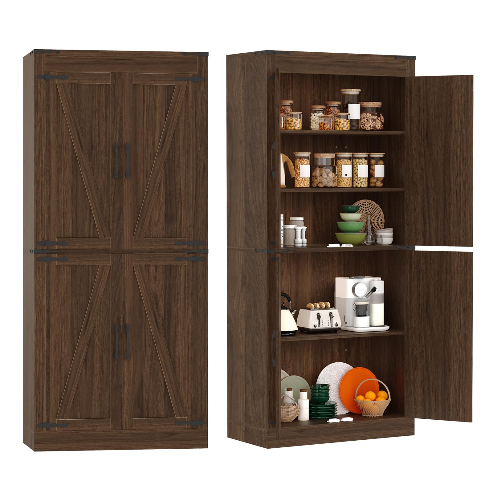 GarveeLife Large Freestanding Kitchen Pantry Cabinet Rustic Brown Farmhouse Wood Food Cupboard with Multi Tier Adjustable Shelving