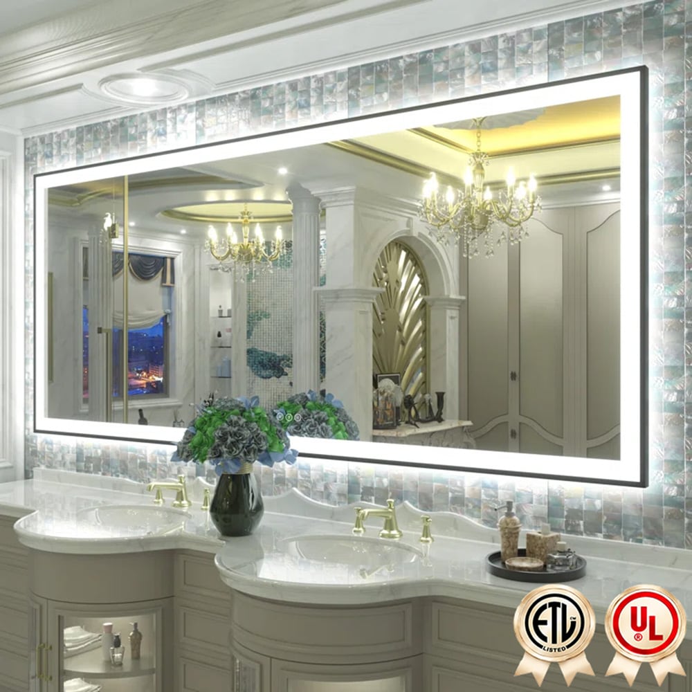 YQP 88x38 Inch UL Certified Front + Back LED Anti-Fog Tempered Glass Black Framed Bathroom Vanity Mirror