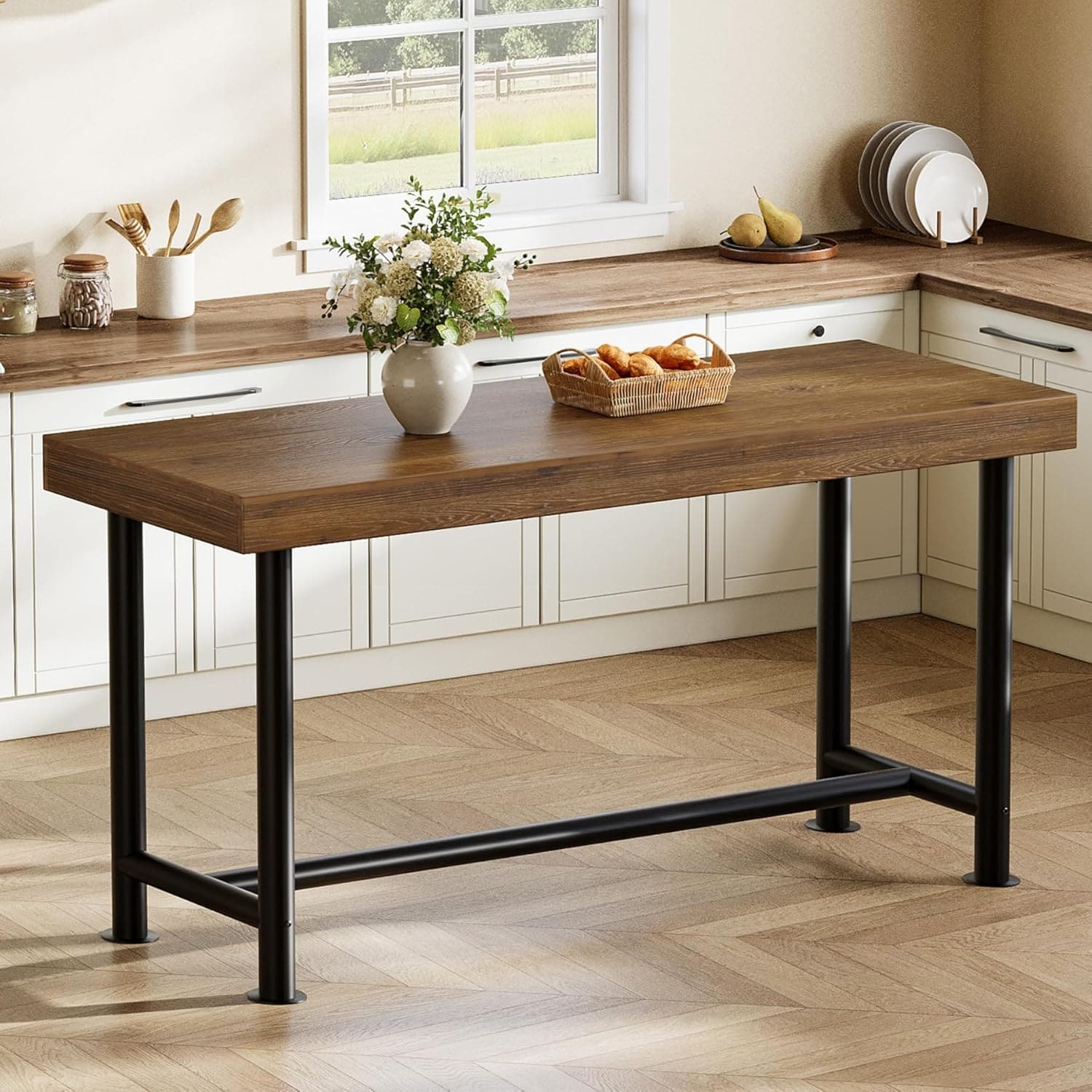 LITTLE TREE 63 Inch Farmhouse Brown Solid Wood Rectangular Counter Height Pub Table Industrial Long Dining Counter Bar Units with Metal Sturdy Legs for Home Kitchen Living Room Bistro Easy to Assemble