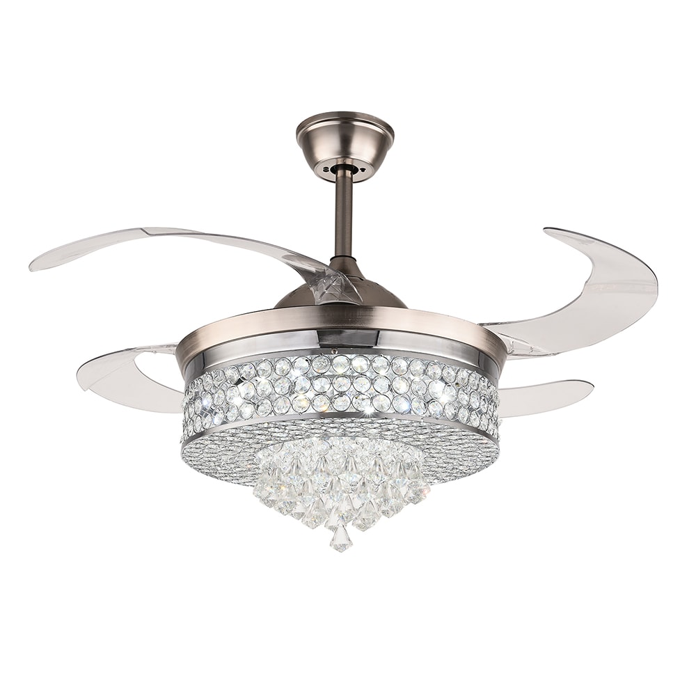 Oukaning HG-HCX-2260 42-in Color-Changing Modern Chrome Crystal Lampshade Retractable Blade with ABS Blades Chandelier Ceiling Fan With Light - Remote Included ( 4 -Blade )