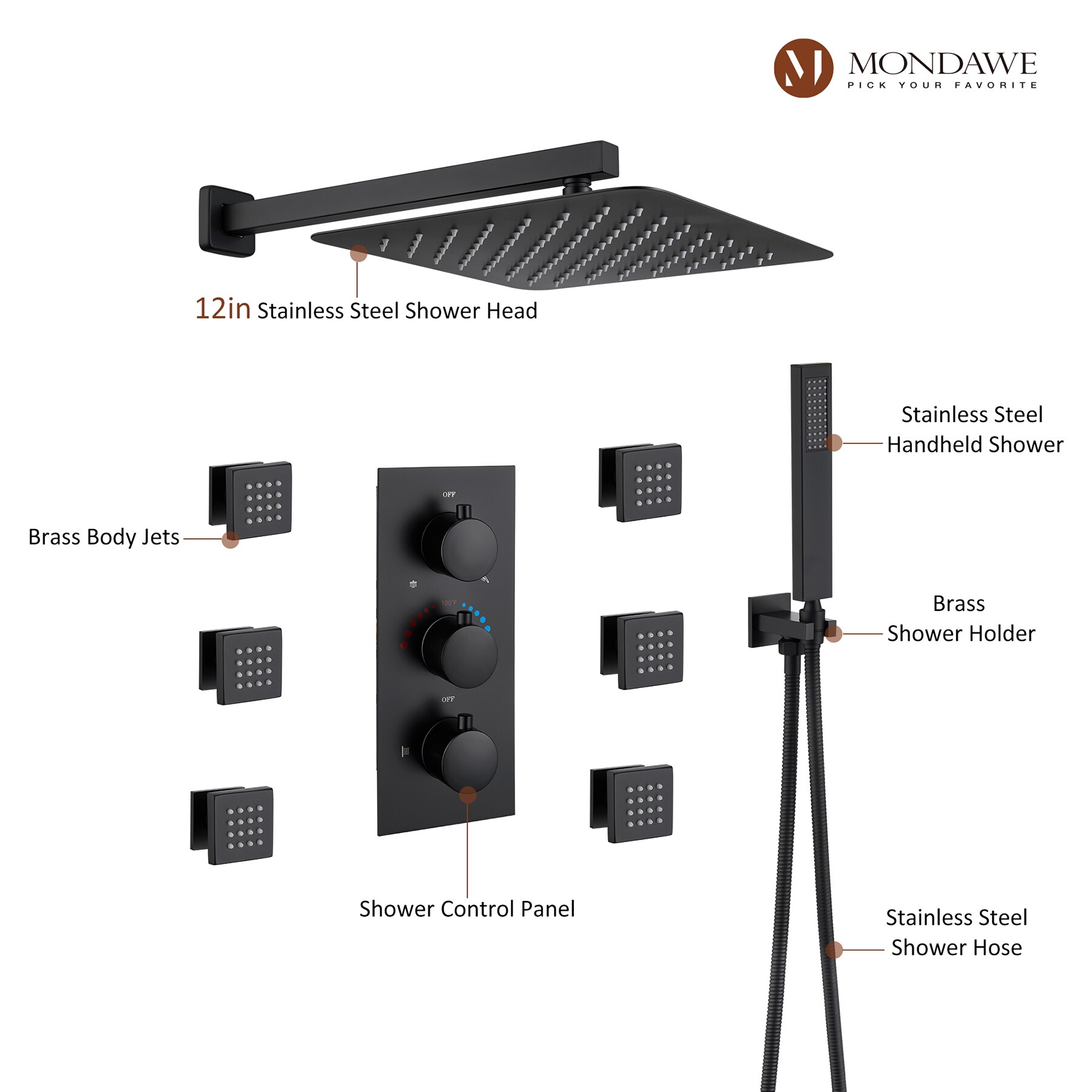 Mondawe WF6001-12BL Showerhead-Bar-Panels - View #7