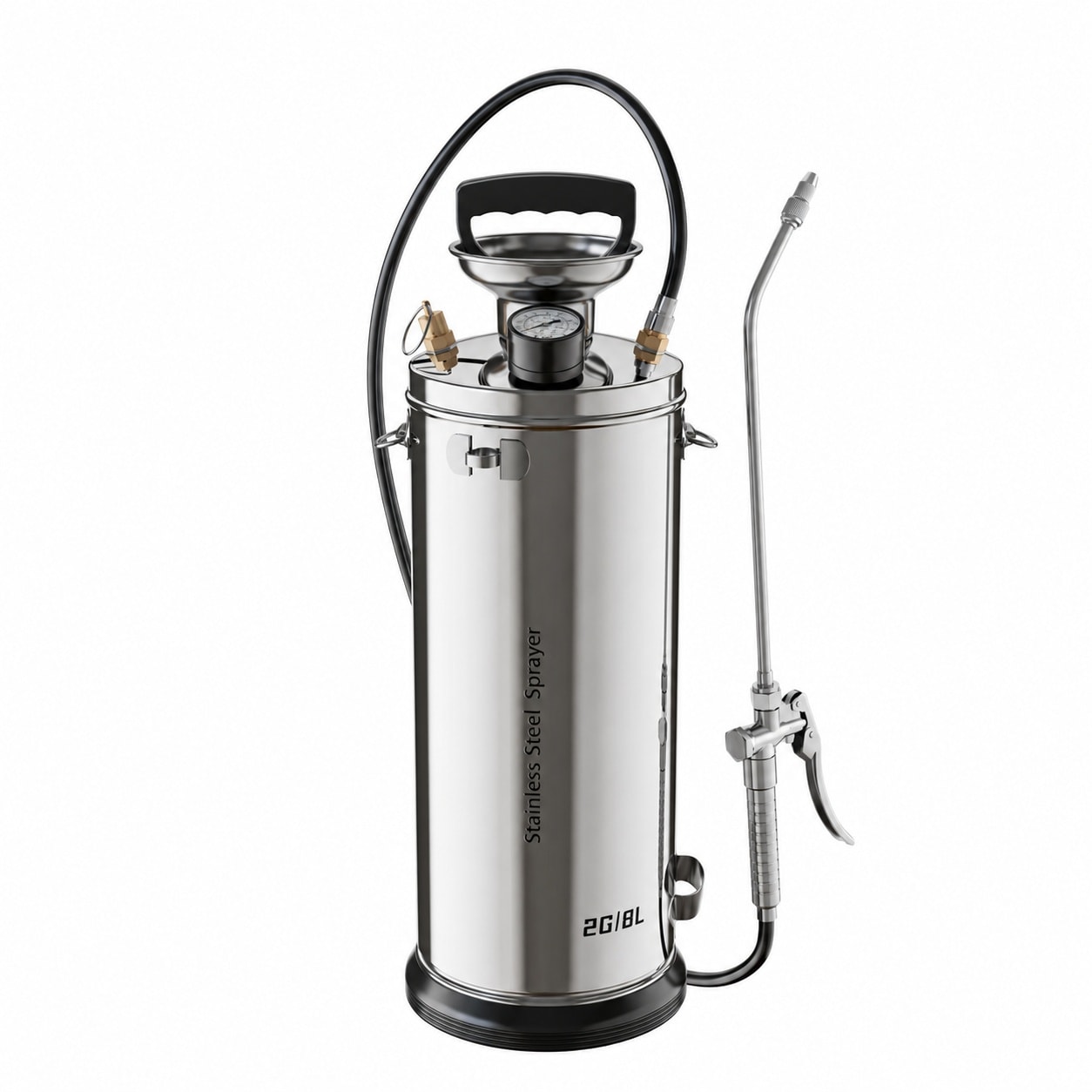 Lukvuzo  2 Gallon Stainless Steel Pump Sprayer Heavy Duty with 20 Inch All Steel Wand 4FT Hose Viton Seals Gloves for Concrete Solvents Farm