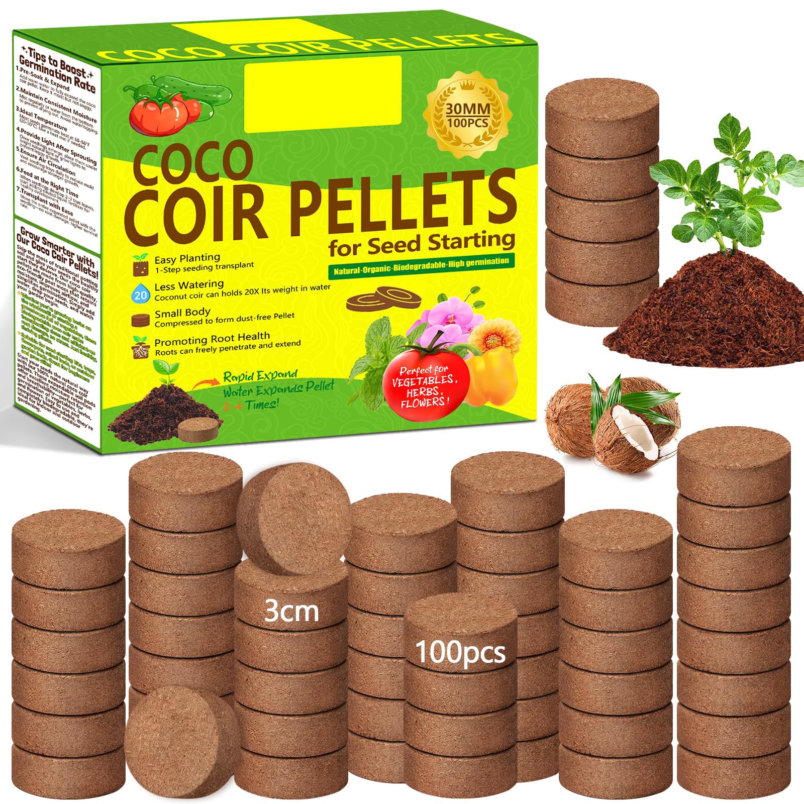 Justincity -  100 pcs Coco Coir Pellets Seed Starter Soil Mix Organic Coconut Fiber Pods for Indo...