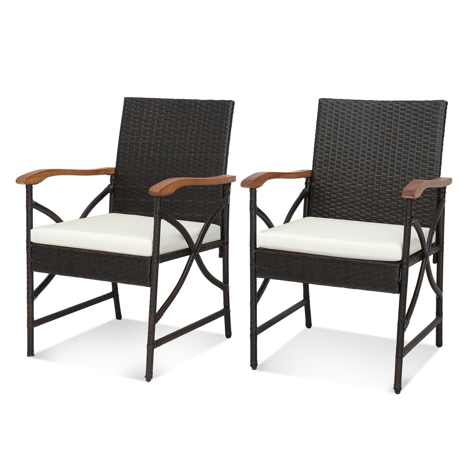 Slickblue - Set of 2/4 Wicker Brown Metal Frame Rattan Patio Dining Chairs with Off-White Cushion...